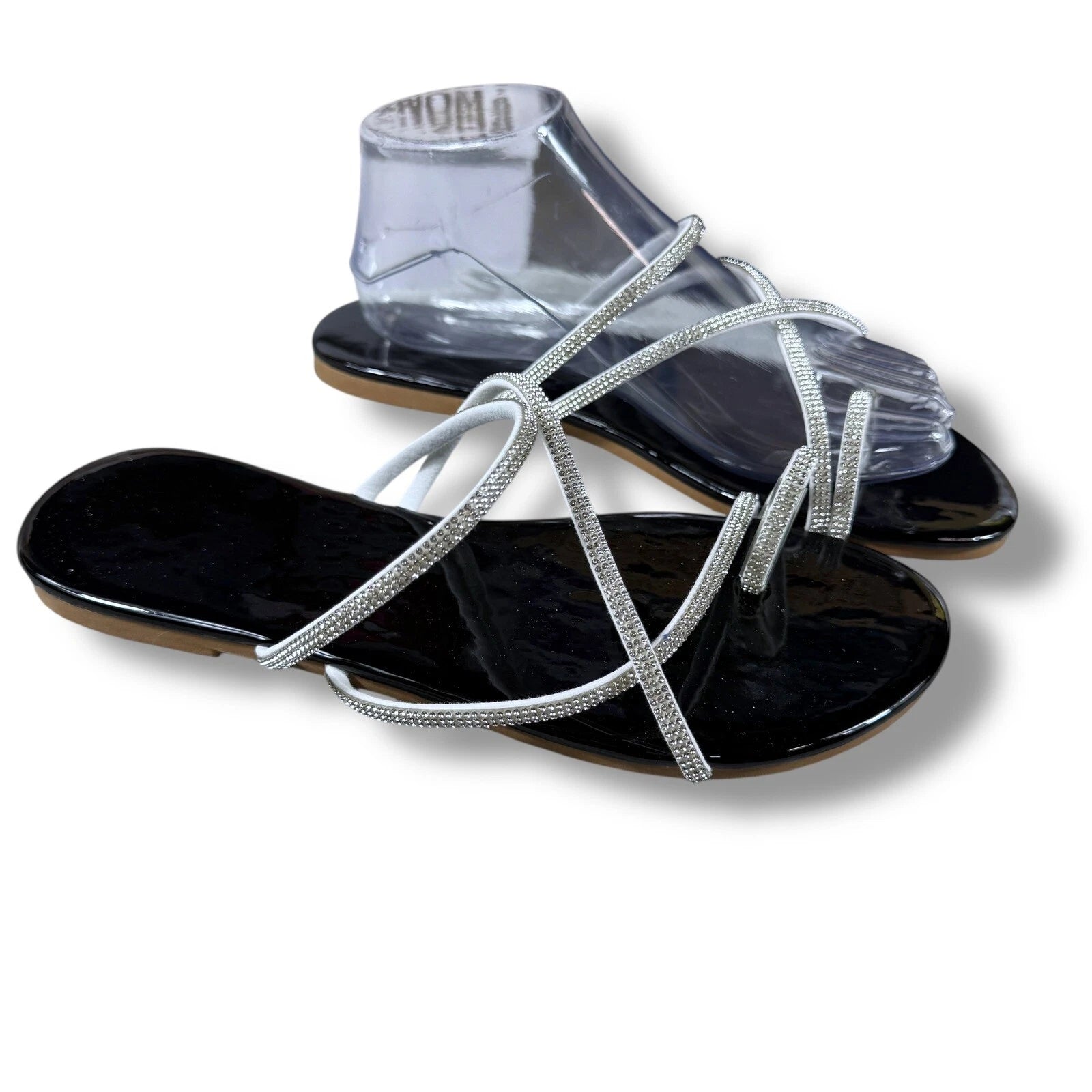 Boutique Rhinestone Sandals Women's Thong Strap Diamante Flat Sandal Slides Sz 9