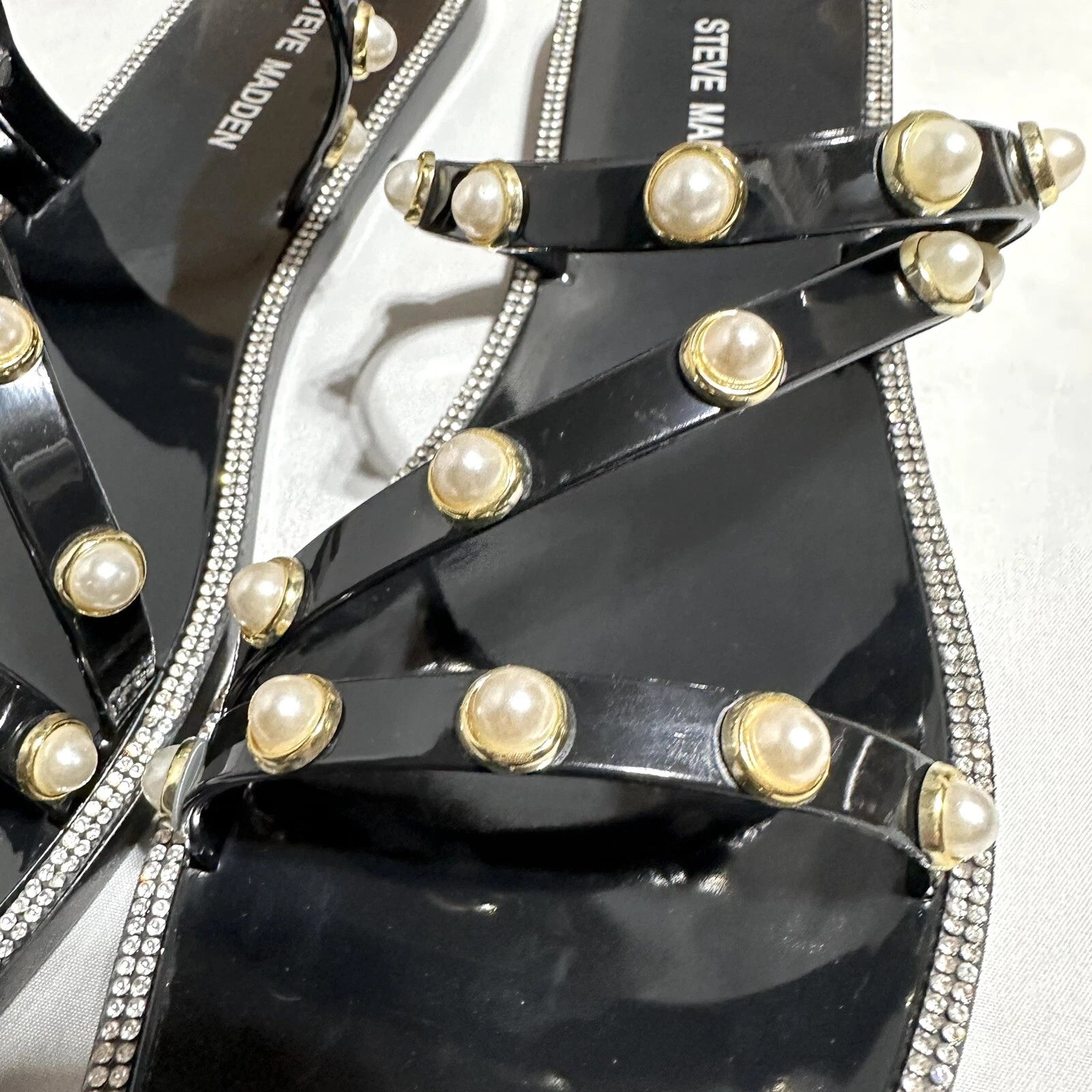 Steve Madden Nonii Womens Sz 10 Jelly Pearl Bling Rhinestone Slide Sandals Black