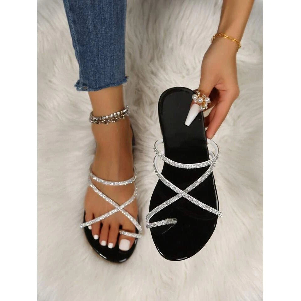 Boutique Rhinestone Sandals Women's Thong Strap Diamante Flat Sandal Slides Sz 9