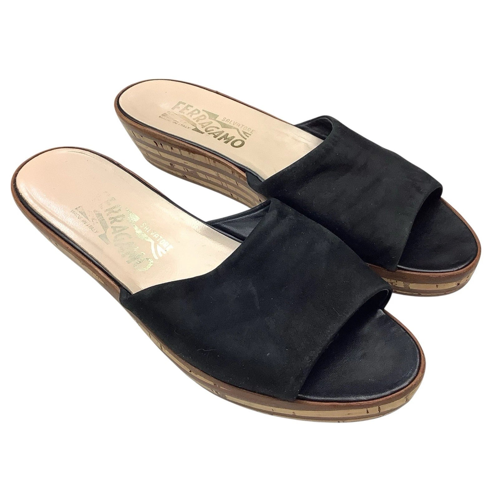 Salvatore Ferragamo Black Leather Slides Sandals Women Size 7 Wood Cork Wedge