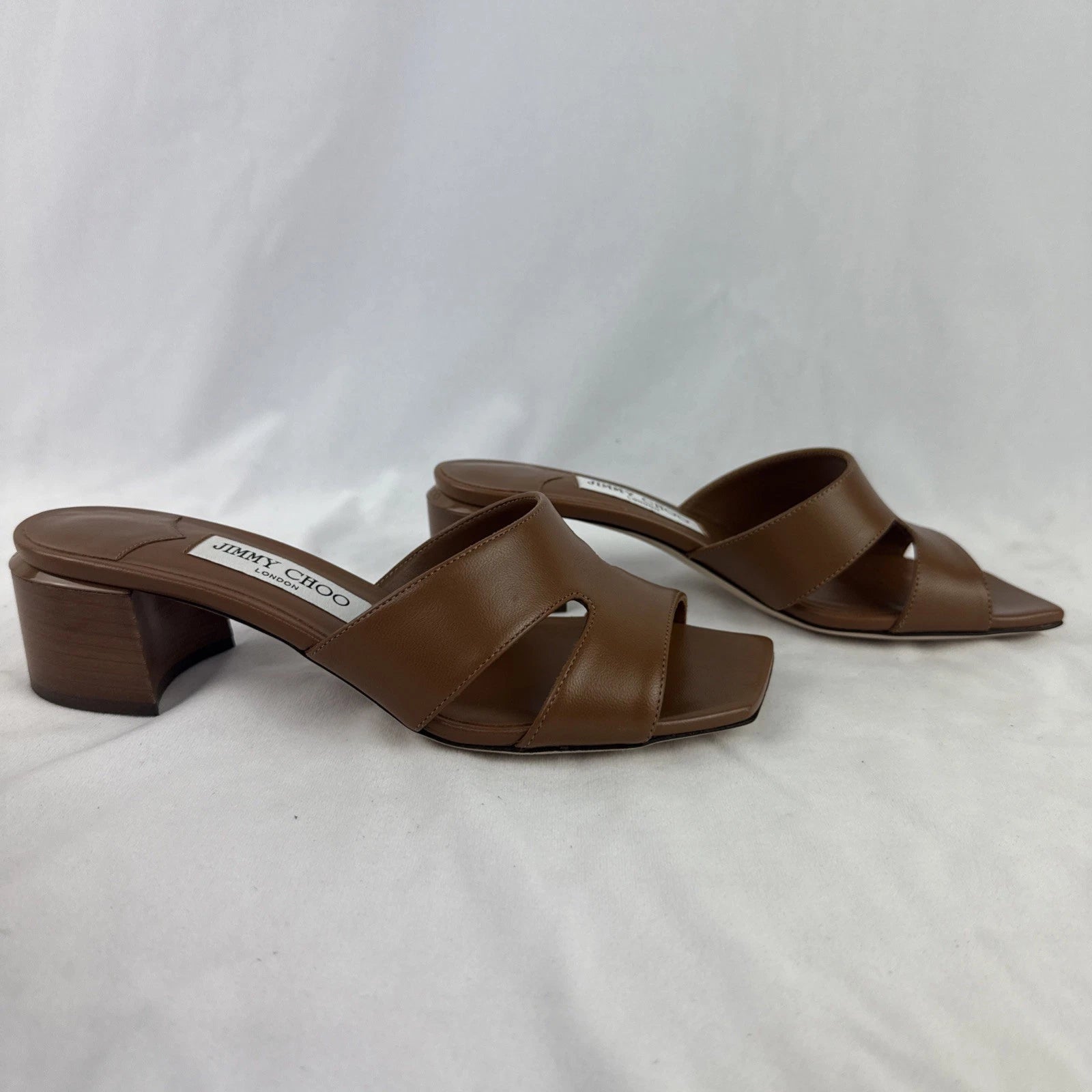 Jimmy Choo Allison Mule 45 Leather Heel Slide Camel Brown Tan Sz 36.5 6.5