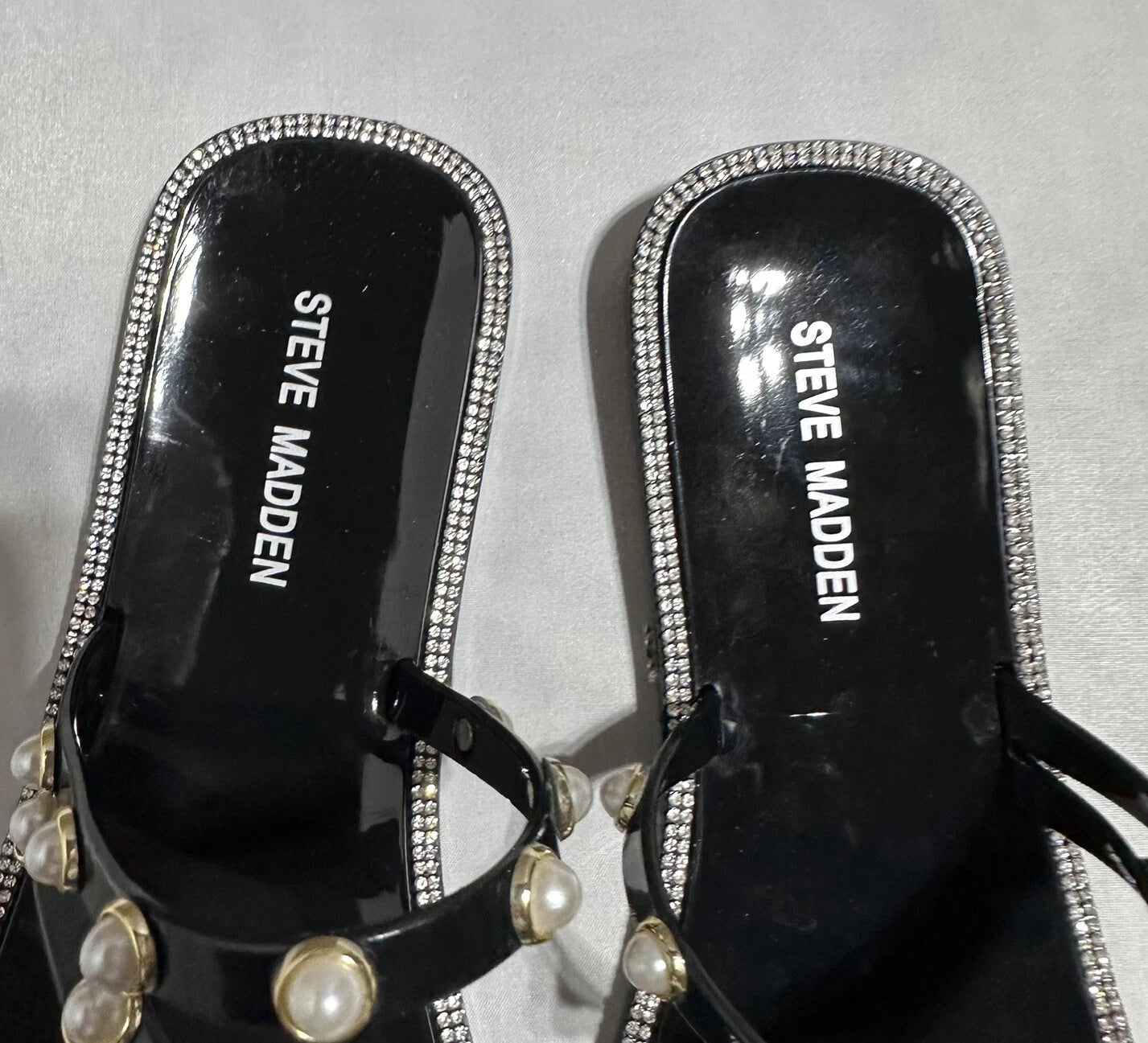 Steve Madden Nonii Womens Sz 10 Jelly Pearl Bling Rhinestone Slide Sandals Black