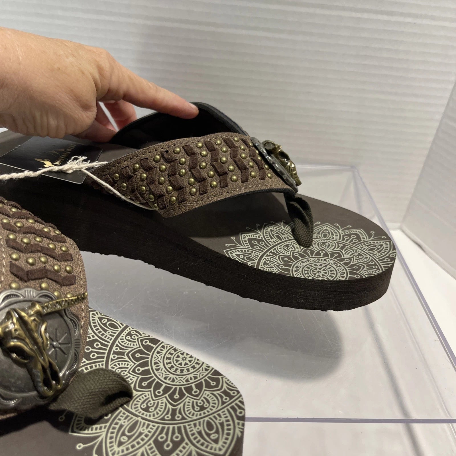 Montana West Silver/Bronze Longhorn&Bronze Stud Western Style Wedge Sandals Sz10