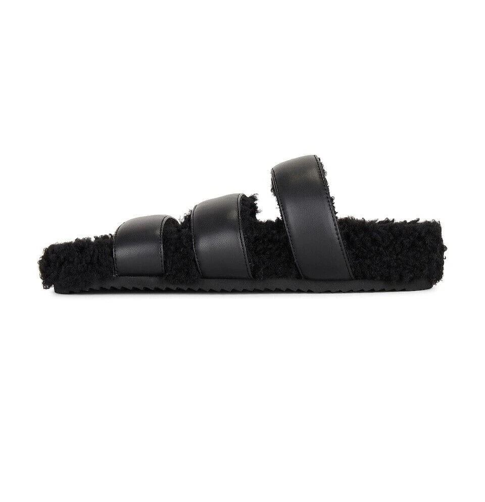 ROAM NIB $139 Black 3 Strap Faux Leather Fuzzy Slide Sandals Sz 6