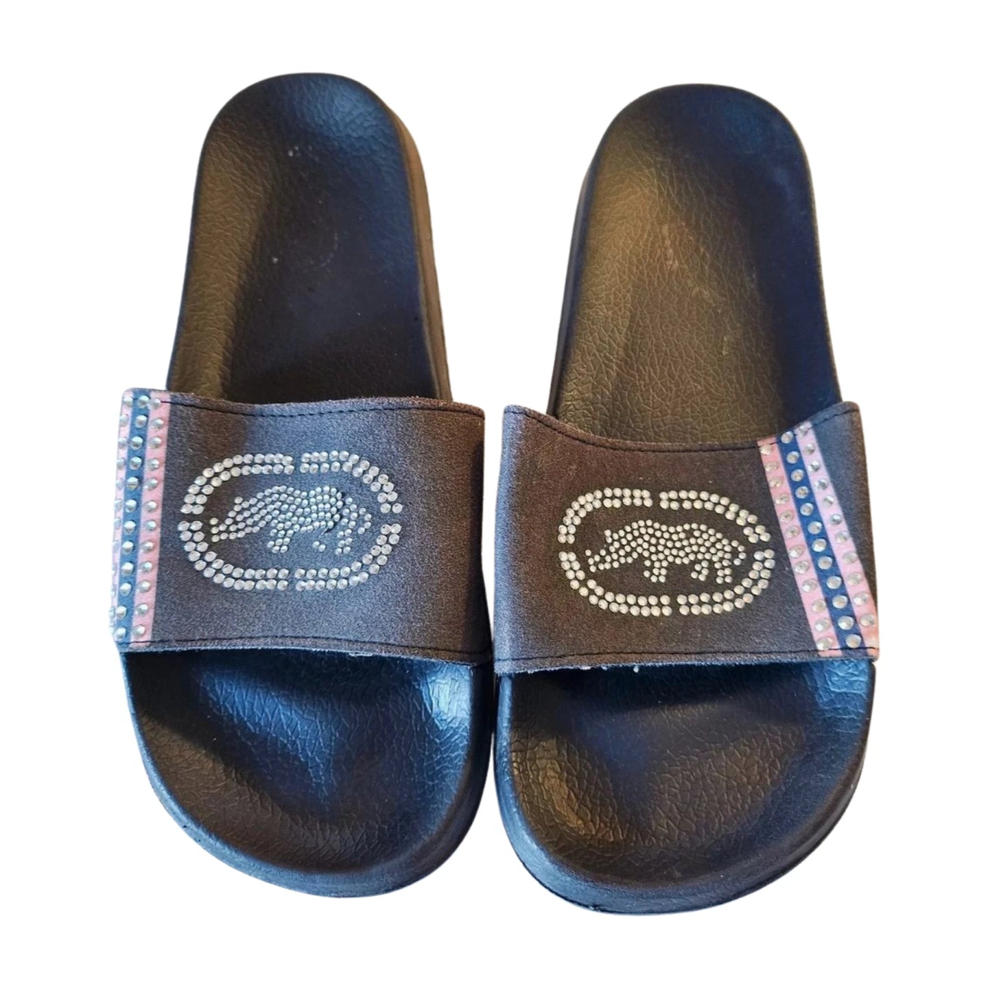 Ecko Unlimited SLIDES (Size 10) WOMENS Rhinestones PINK & BLACK Y2K Style