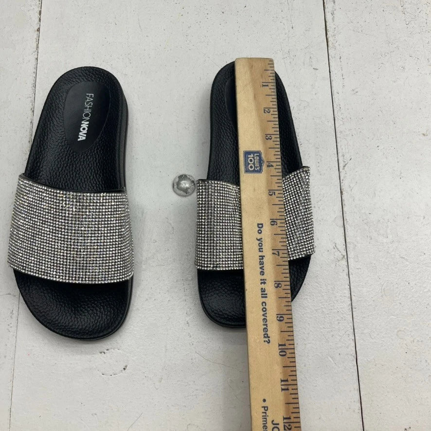 Fashion Nova Black & Silver Rhinestone Slip-On Slide Sandals Women's Size 6.5