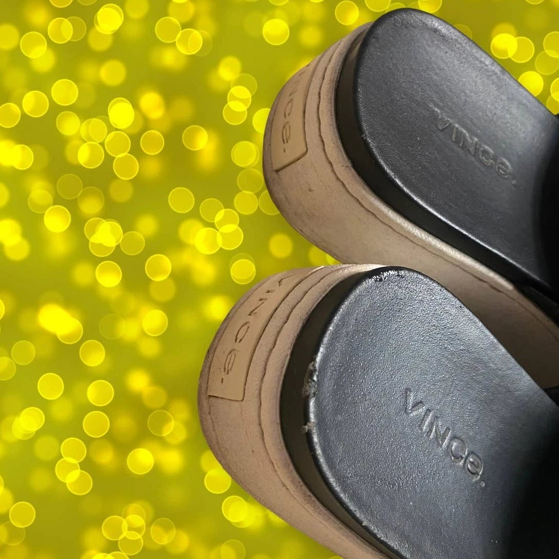 vince. Black Leather Platform Y2K-Style Slide Sandals Size 6