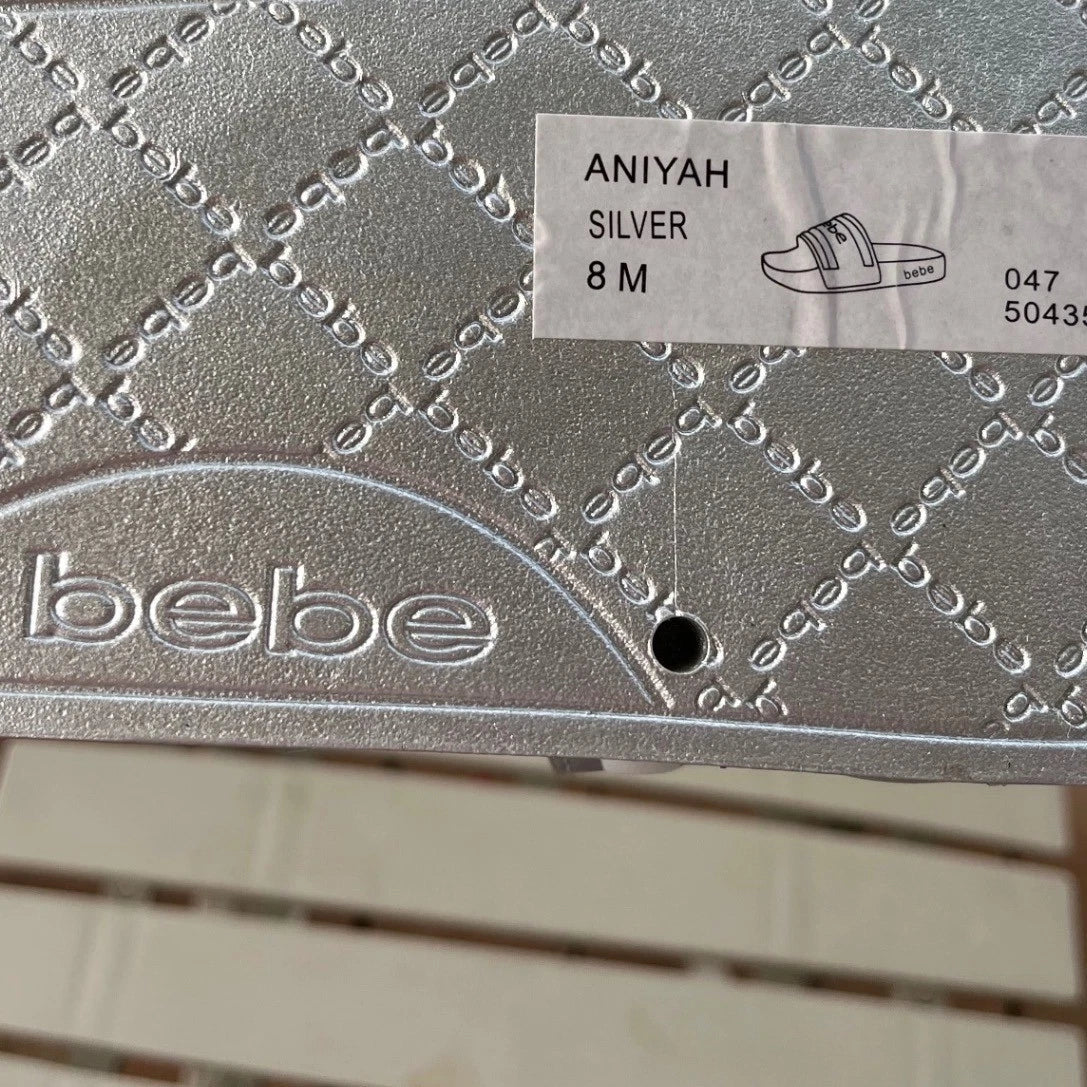 Bebe Silver Slides Sandals Women's Casual Slip On Logo Comfort Size 8 NWOT