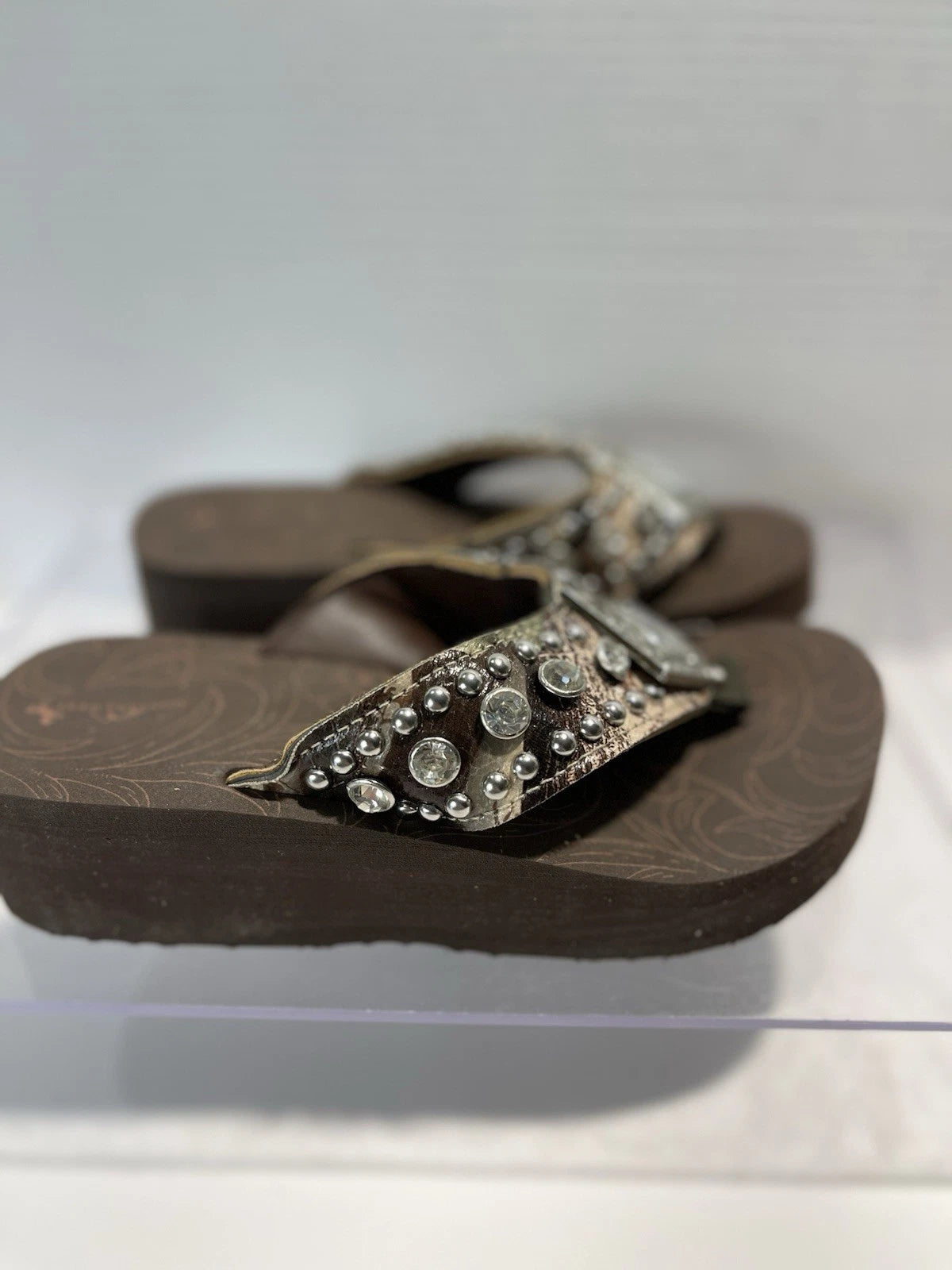 Montana West Rhinestone & Silver Stud Camo Western Style Wedge Sandals Sz6-6.5