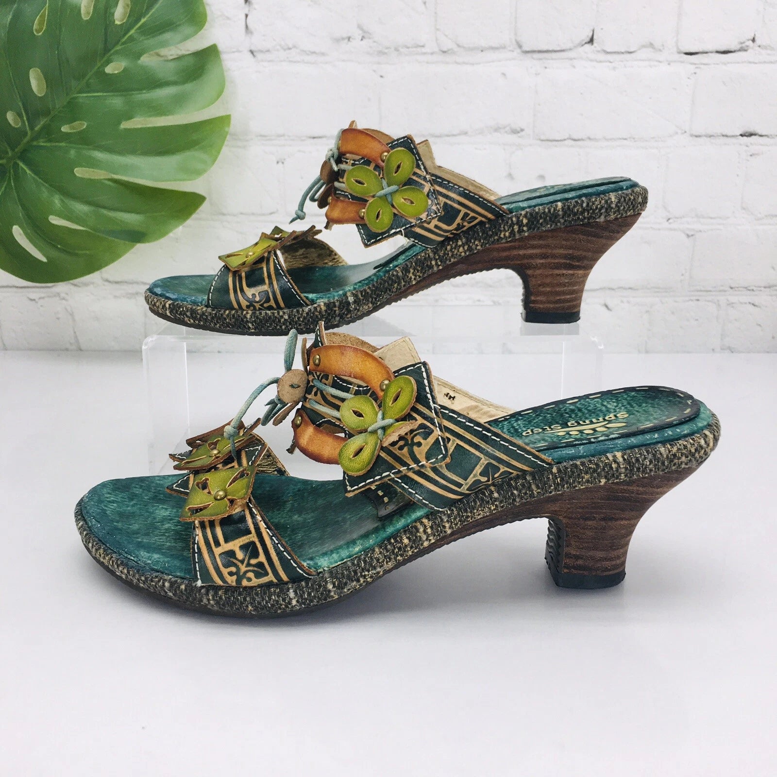 Spring Step Slide Sandal Womens 37/US 6.5 Green Leather Slip-On Low Heel Floral