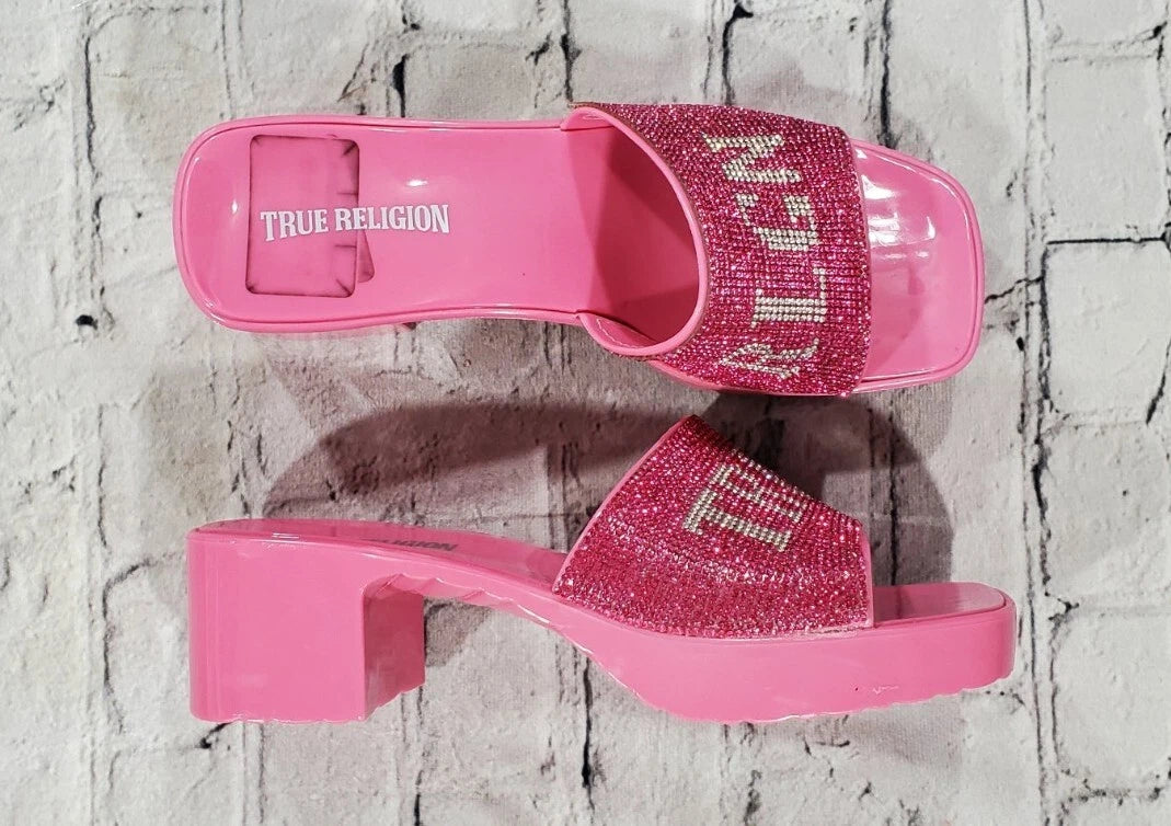 True Religion Bling Silver Pink Stoned Sandals Block Heels WOMENS SIZE 10