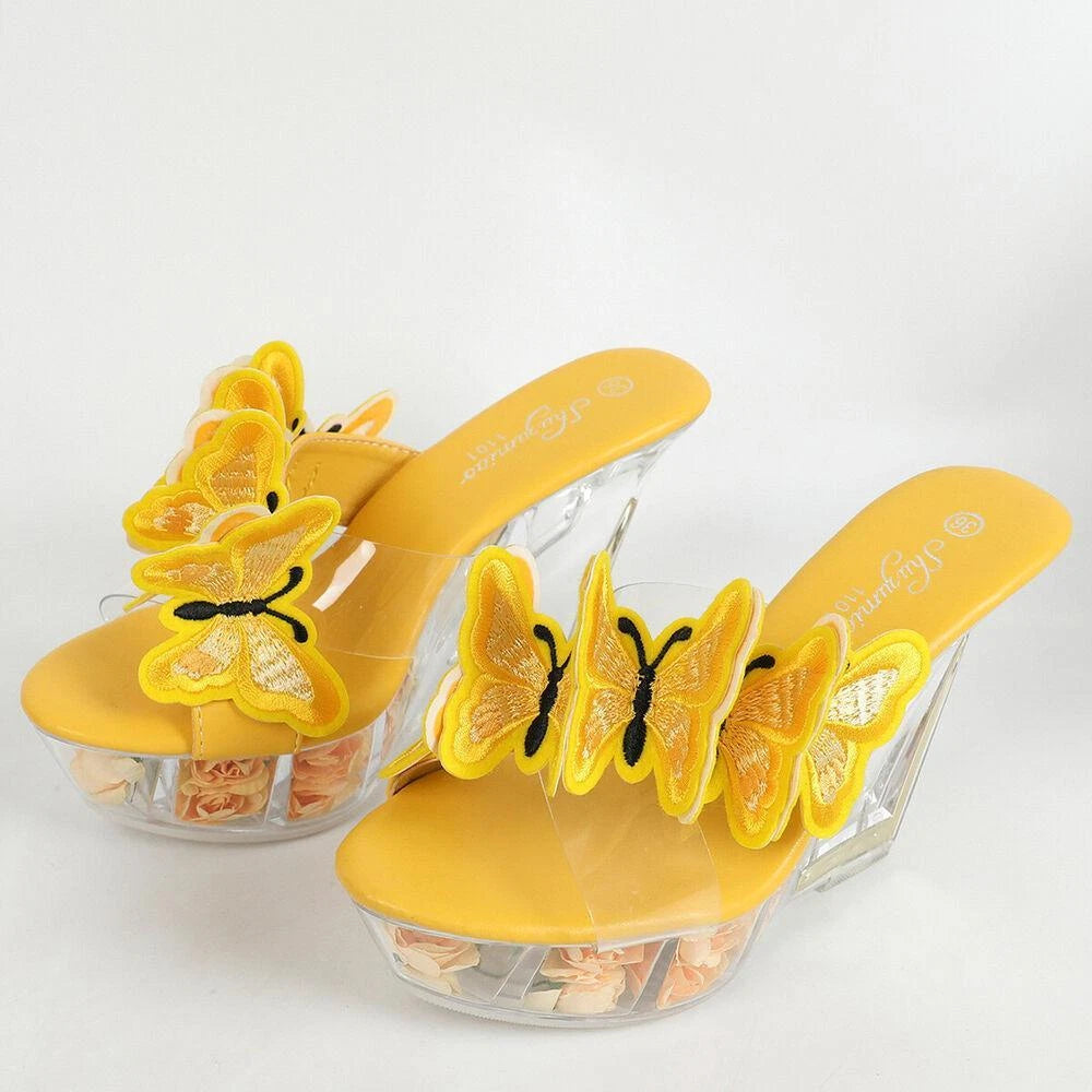 Women Clear Mule Slide Platform Butterfly Transparent Wedge Heel Sandal Slippers
