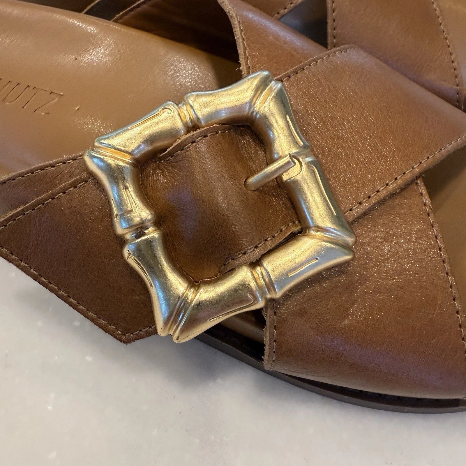 SCHUTZ Enola Crisscross Buckle CAMEL Leather Sandals Slides Women's 7 NEW!