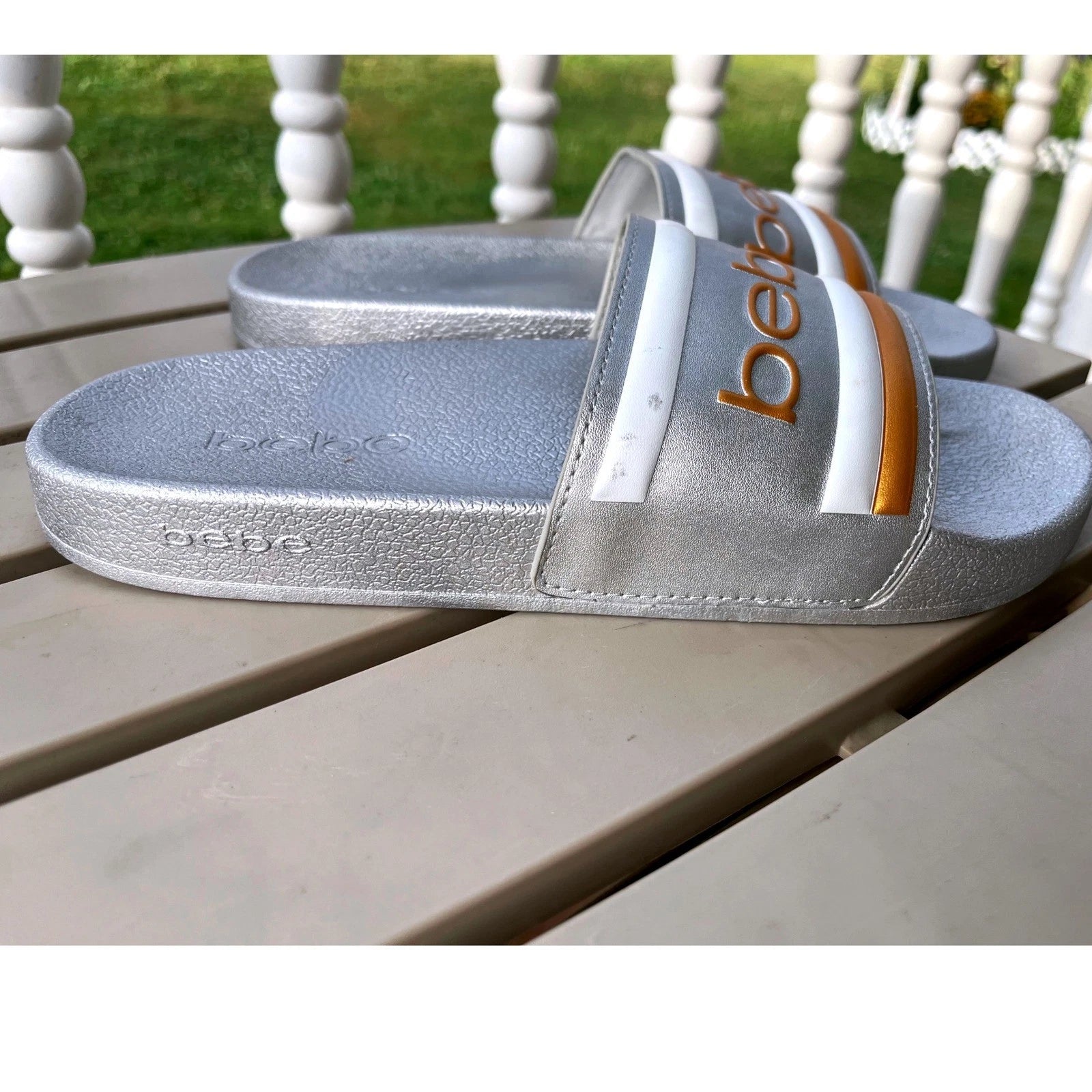 Bebe Silver Slides Sandals Women's Casual Slip On Logo Comfort Size 8 NWOT
