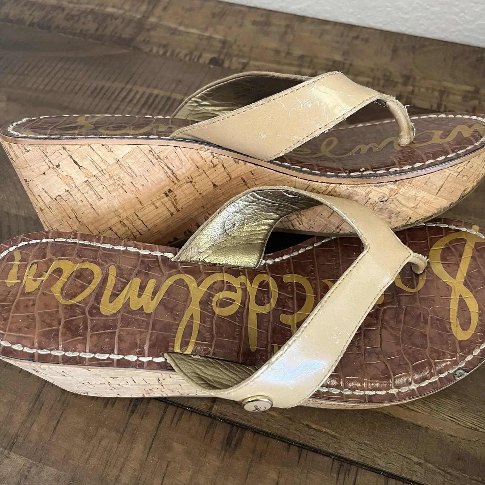 Sam Edelman Women's Romy Sandal Size 7.5 M Cork Wedge Platform Tan Thong Slide