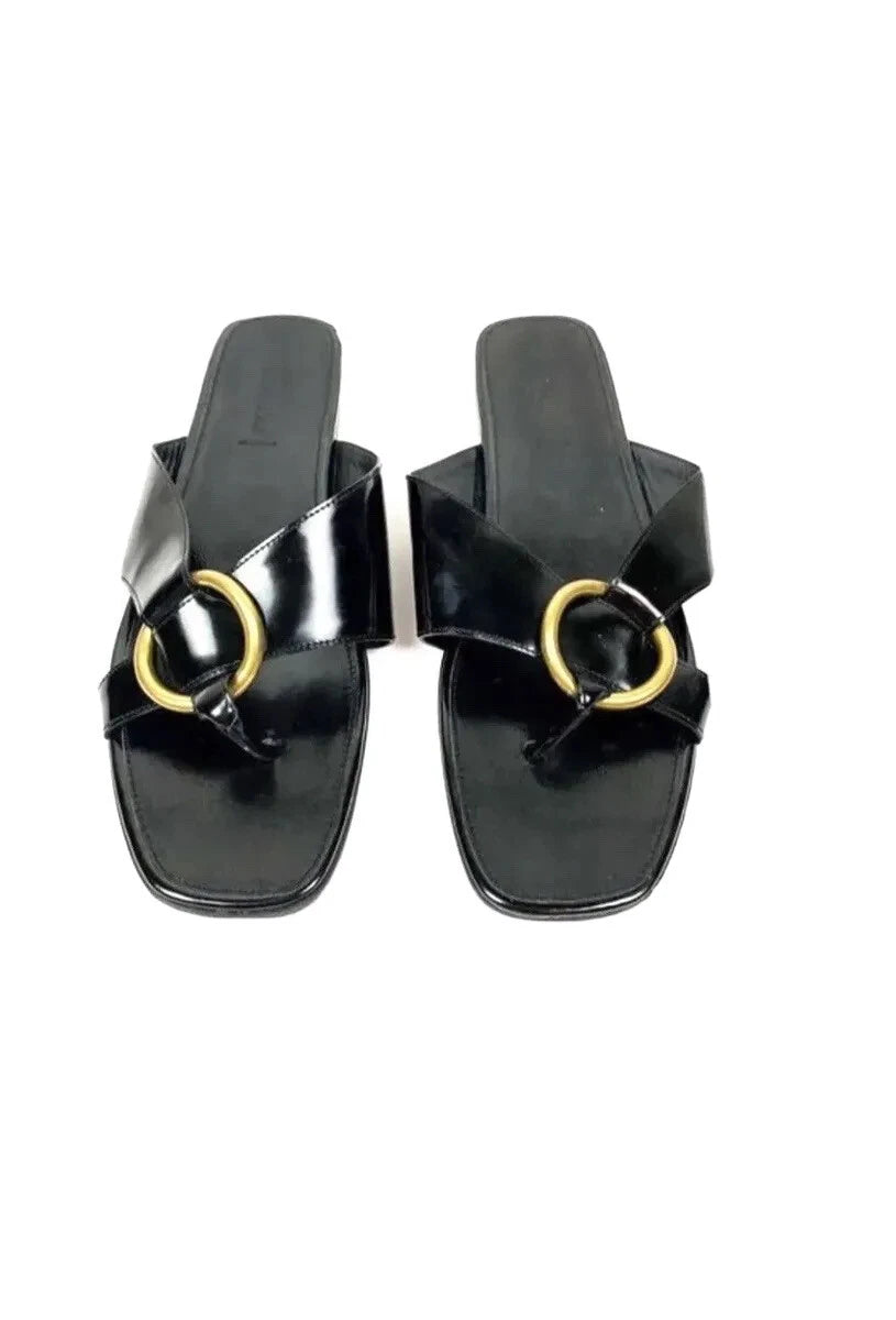 Alumnae Black Asymmetrical Leather ring flat sandals size 40 US 9