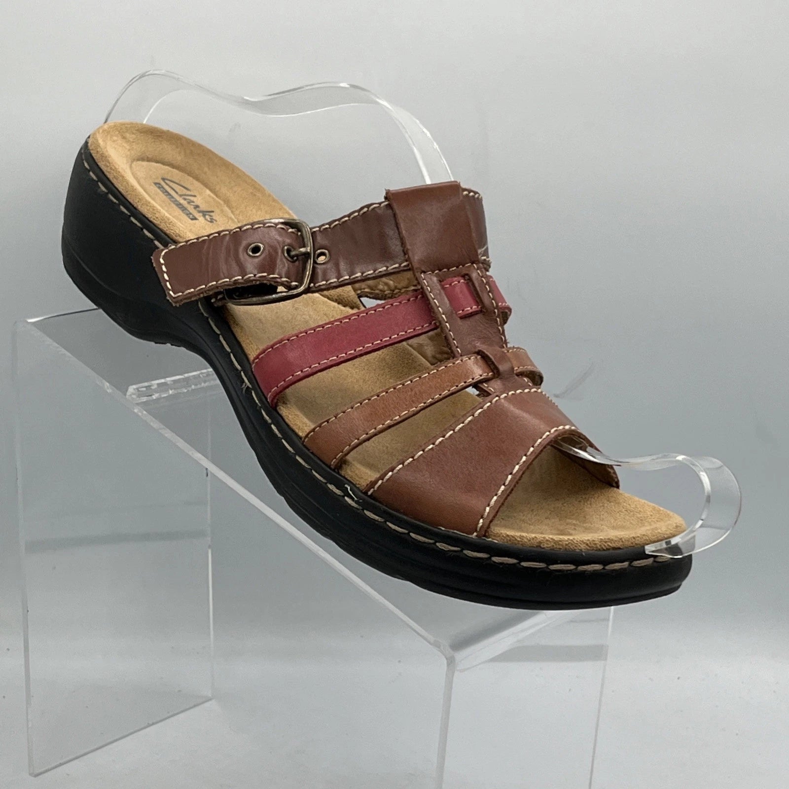 Clarks Leather Strappy Buckle Sandals Brown Red Women’s 11 Comfort Boho Style