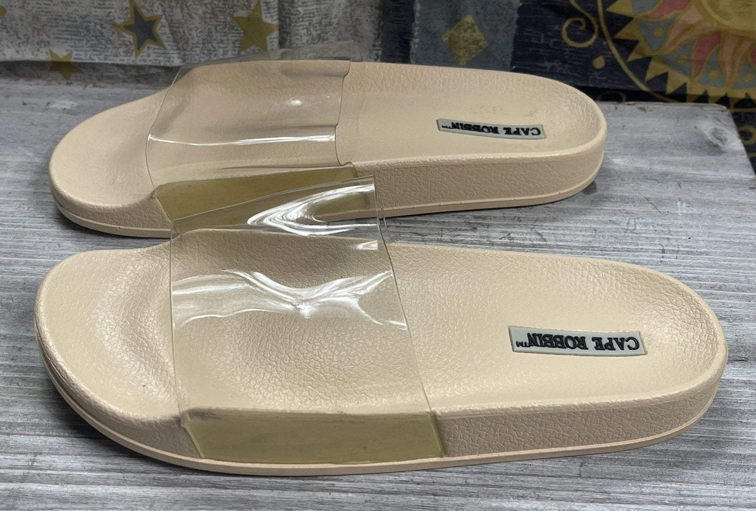 Cape Robbin Clear & Tan Strap Slides Sandals Beach Slip On Flats Mules - Size 7