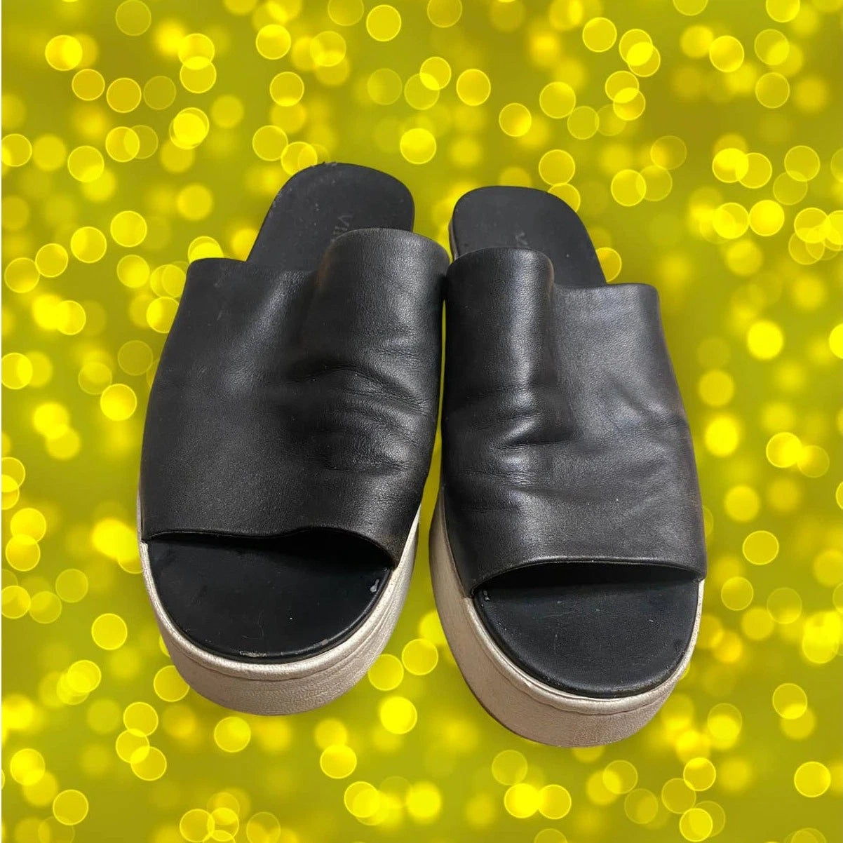 vince. Black Leather Platform Y2K-Style Slide Sandals Size 6
