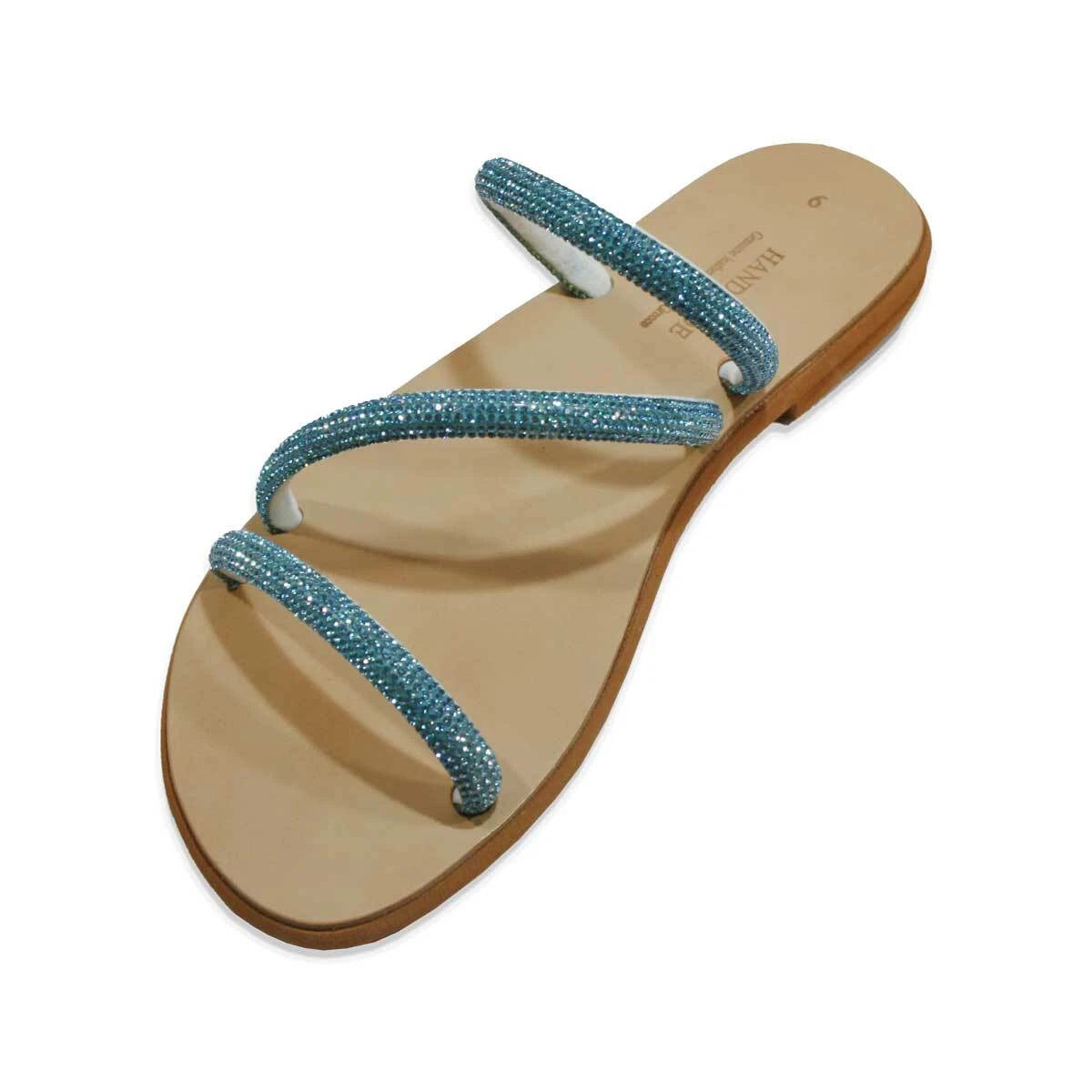 Ancient Greek style turquoise strappy slides  sandals with rhinestones handmade