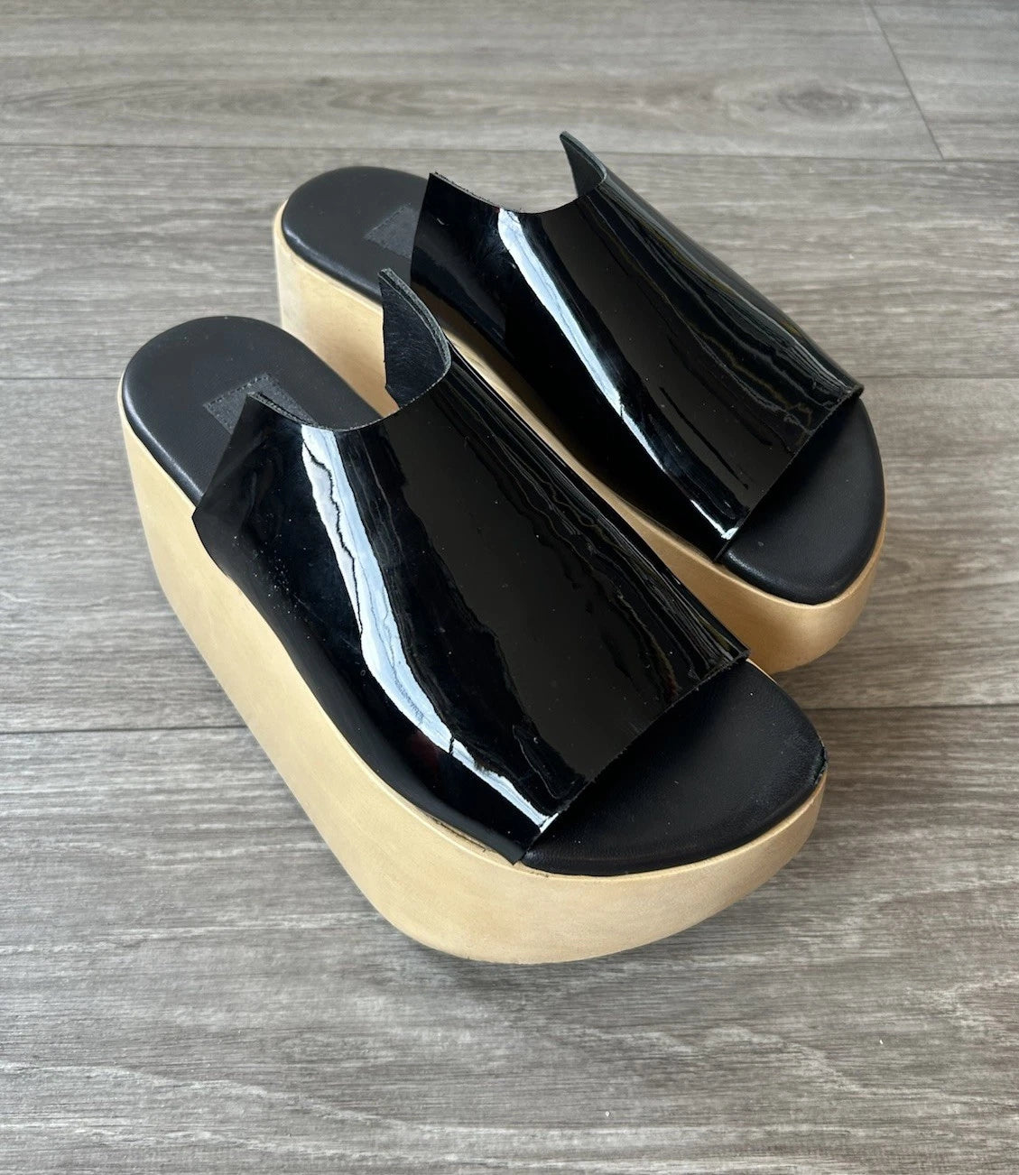 MELITTA BAUMEISTER Wood Platform Patent Leather Slide Sandals Designer Shoes 7