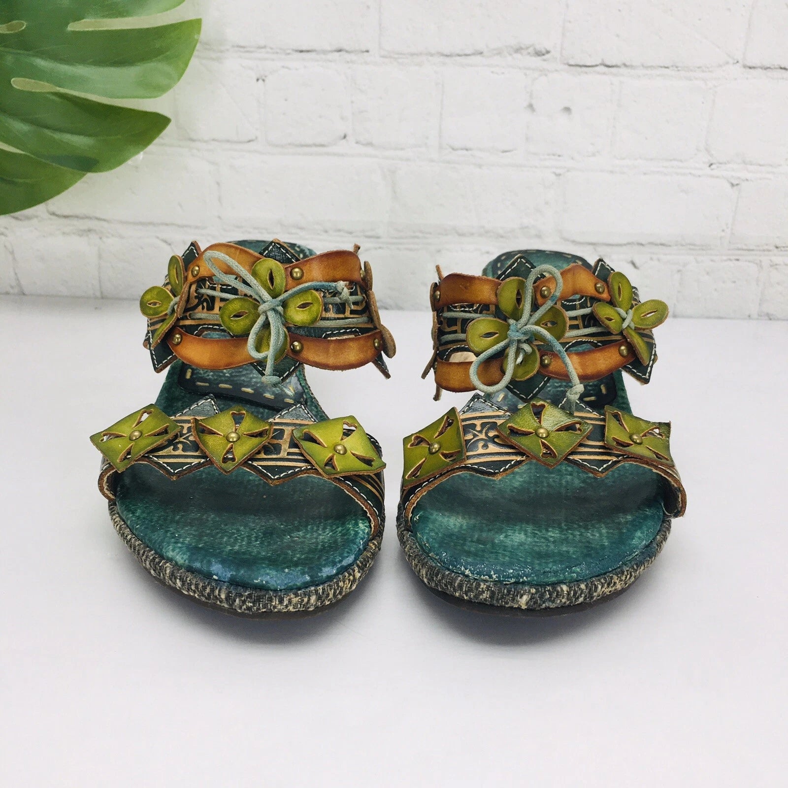 Spring Step Slide Sandal Womens 37/US 6.5 Green Leather Slip-On Low Heel Floral