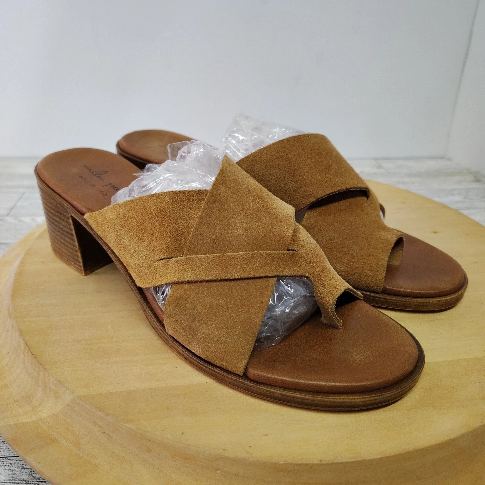 Mila Paoli Suede Mules Slides Chunky Block Heel 2.25" Sandals Italy Brown Size 8