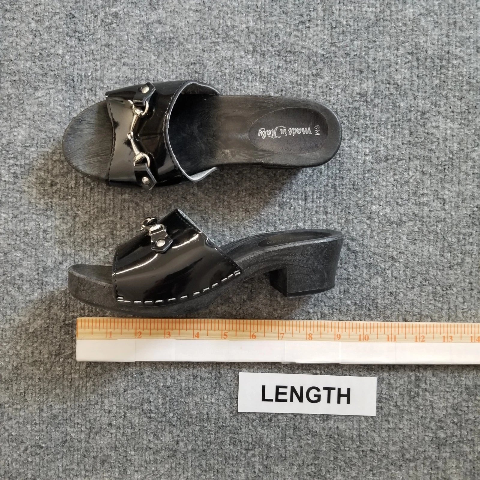 Made in Italy Women Clogs Size US 6M Black Open Toe Wooden Look w Silver Buckle*