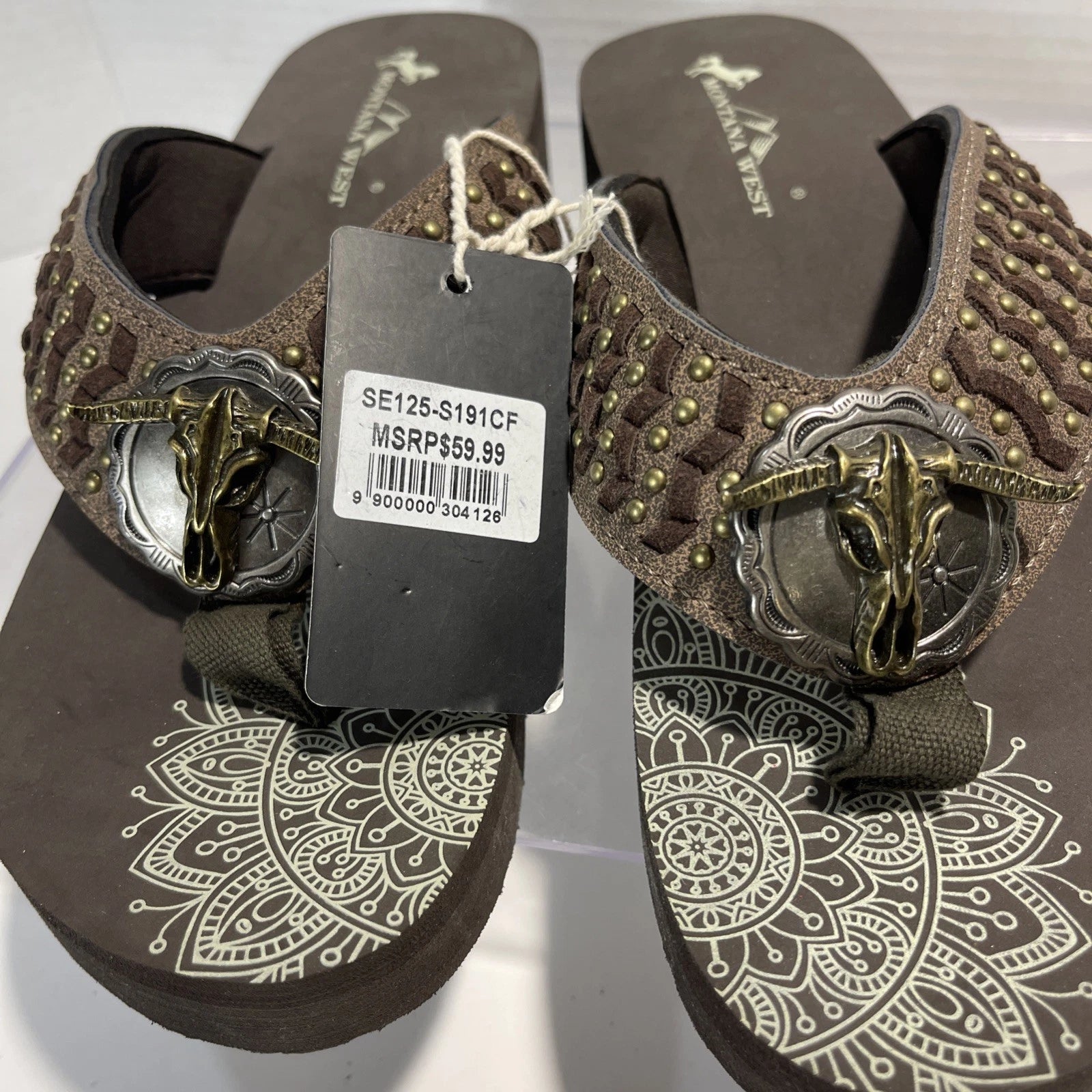 Montana West Silver/Bronze Longhorn&Bronze Stud Western Style Wedge Sandals Sz10