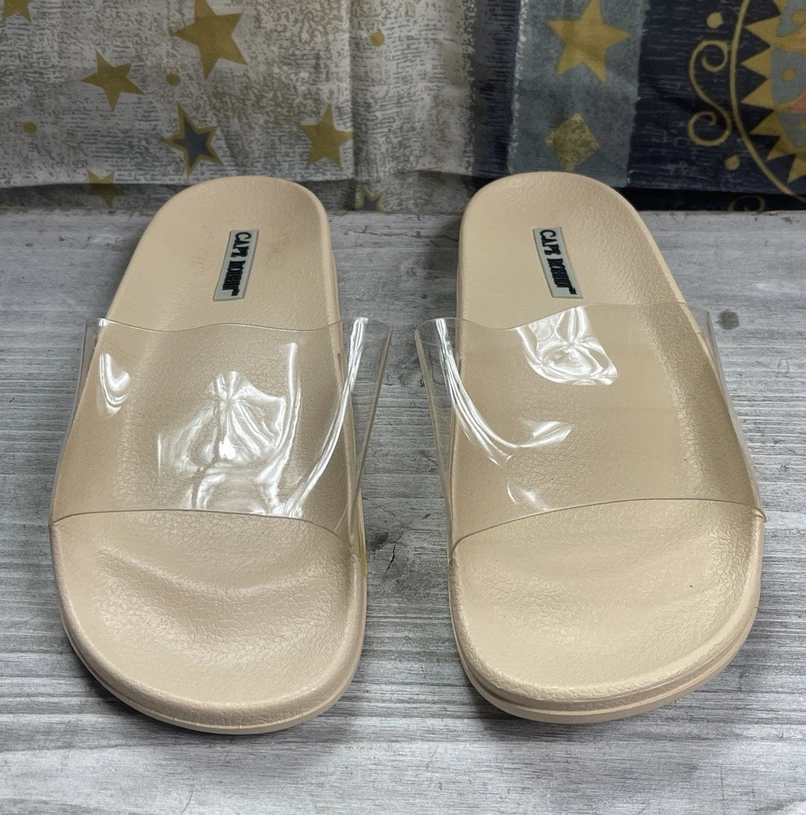 Cape Robbin Clear & Tan Strap Slides Sandals Beach Slip On Flats Mules - Size 7