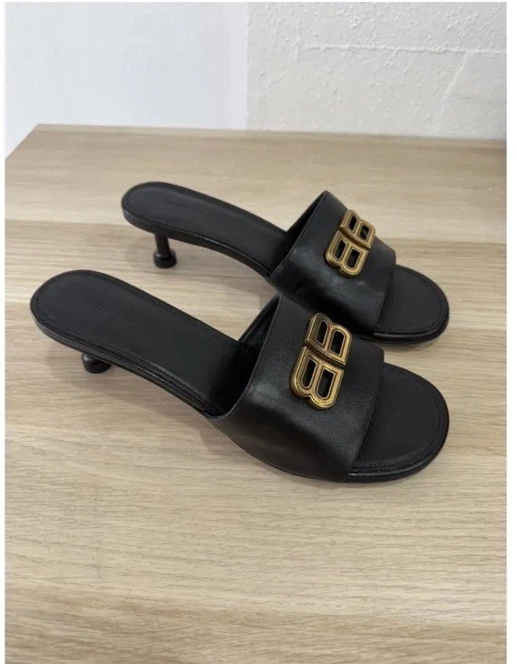 BALENCIAGA Groupie BB Logo Black Slide Sandal Shoes Heels Size 39.5 US 9.5