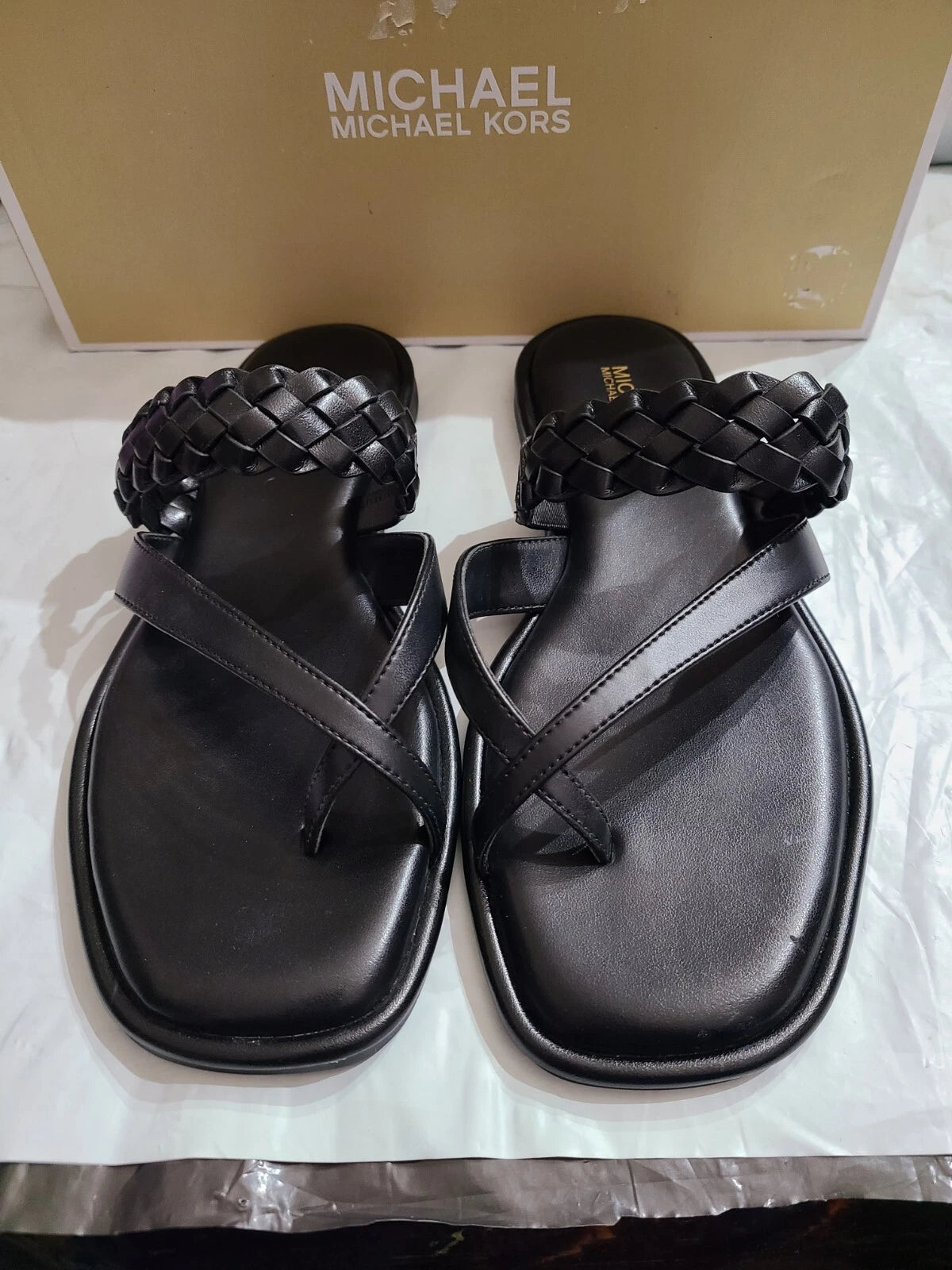 Michael Kors Alba Braided Thong Slide, Faux Leather, Black, Women's 7M, NEW