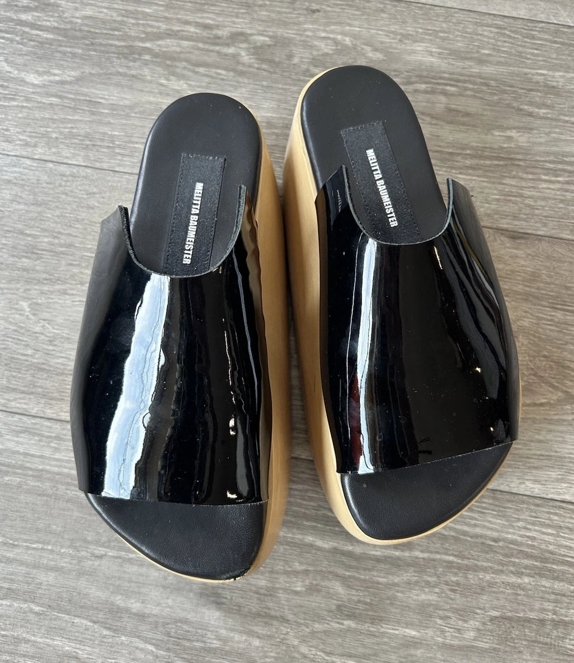 MELITTA BAUMEISTER Wood Platform Patent Leather Slide Sandals Designer Shoes 7