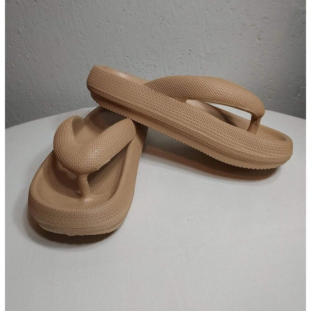 Fashion Flip Flop Thong Sandals Cushioned Slides Tan Rubber Textured 7