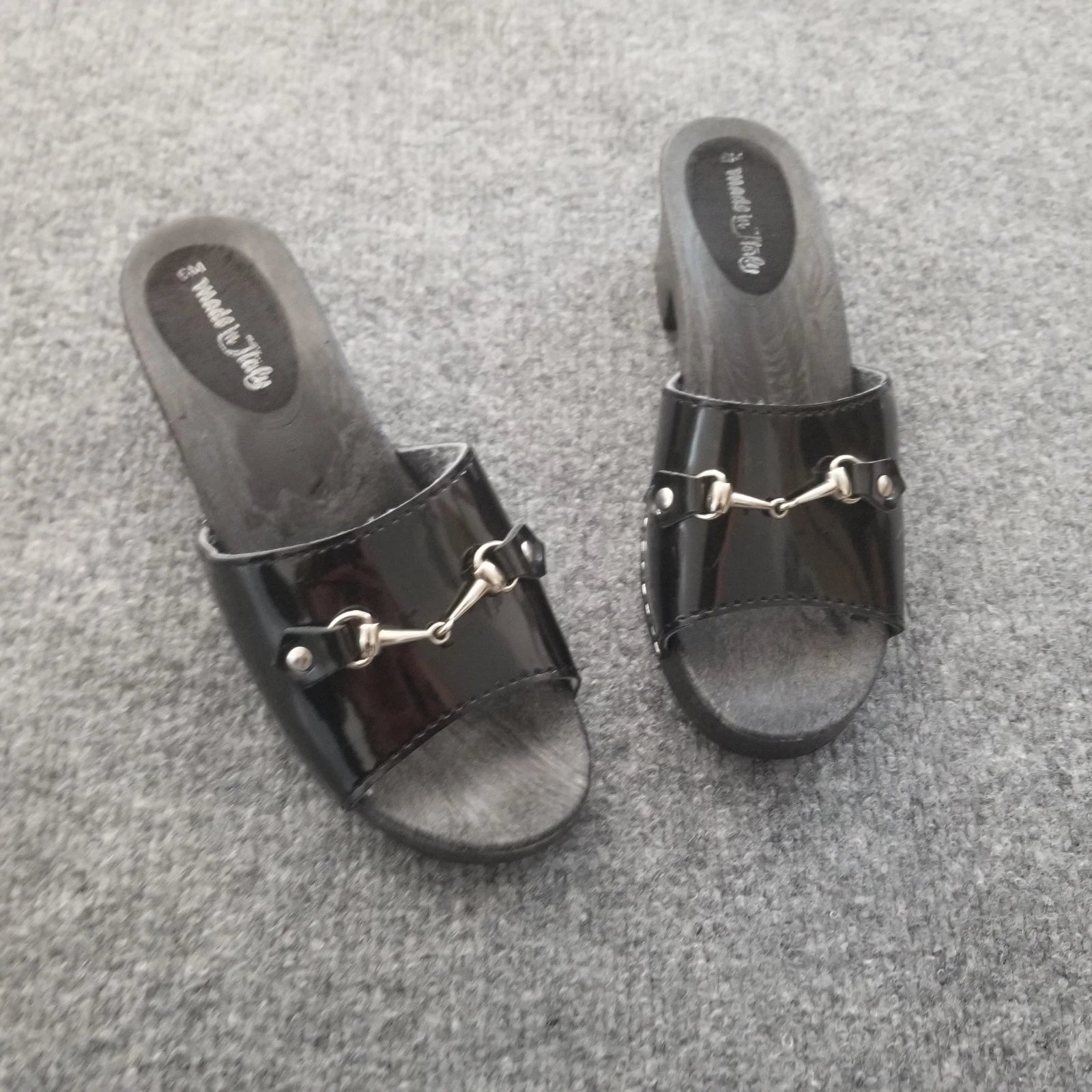 Made in Italy Women Clogs Size US 6M Black Open Toe Wooden Look w Silver Buckle*