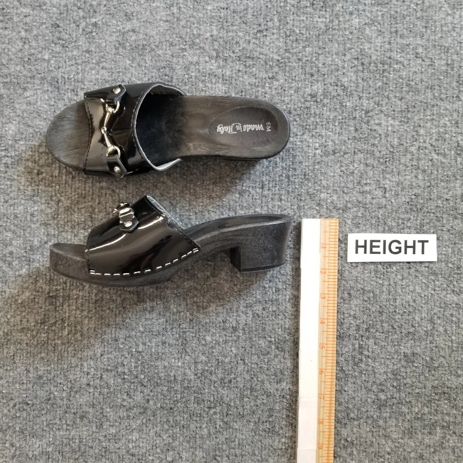 Made in Italy Women Clogs Size US 6M Black Open Toe Wooden Look w Silver Buckle*