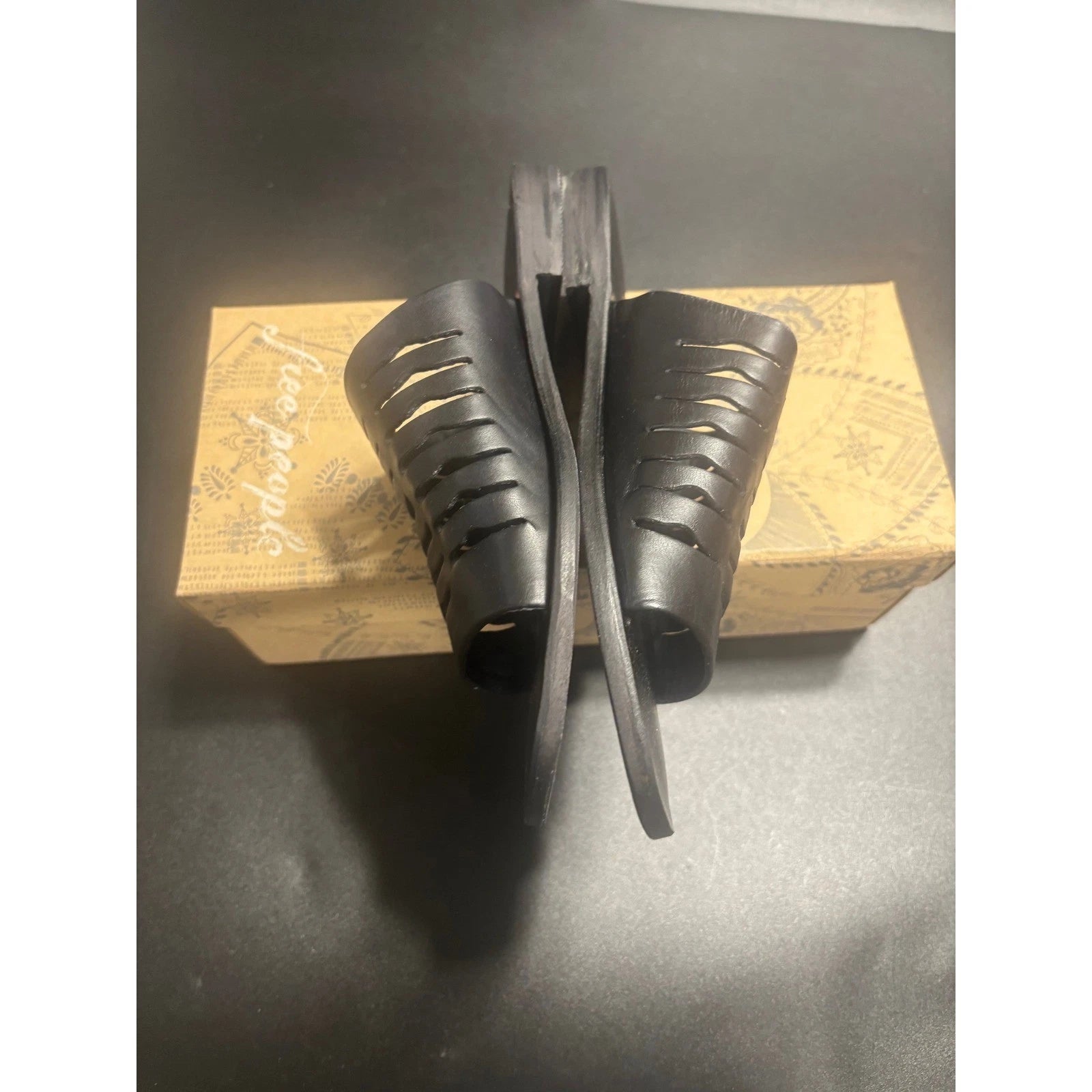 Free People NEW Slice of Sun Black Leather Slide Sandals Woven Slip On Size 8