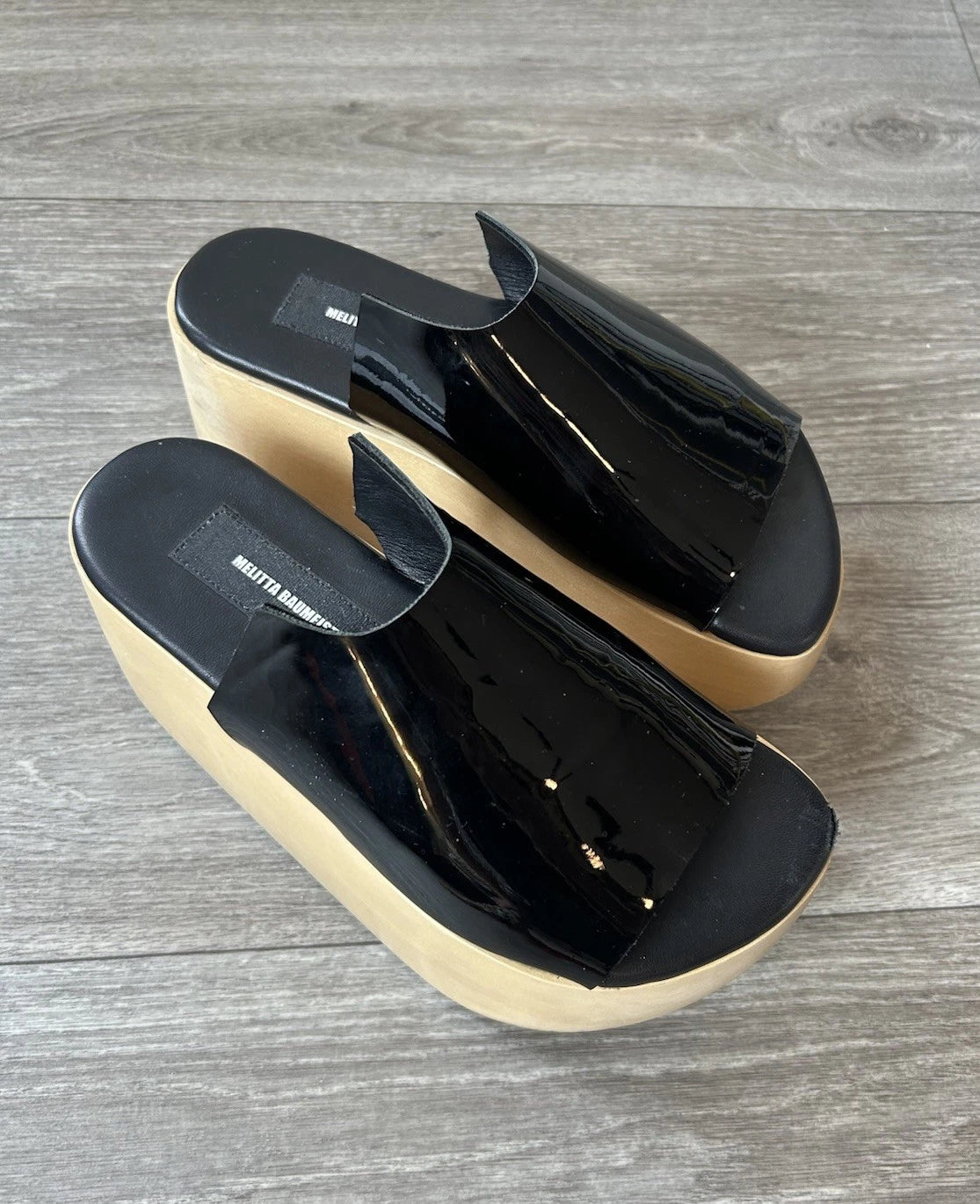 MELITTA BAUMEISTER Wood Platform Patent Leather Slide Sandals Designer Shoes 7