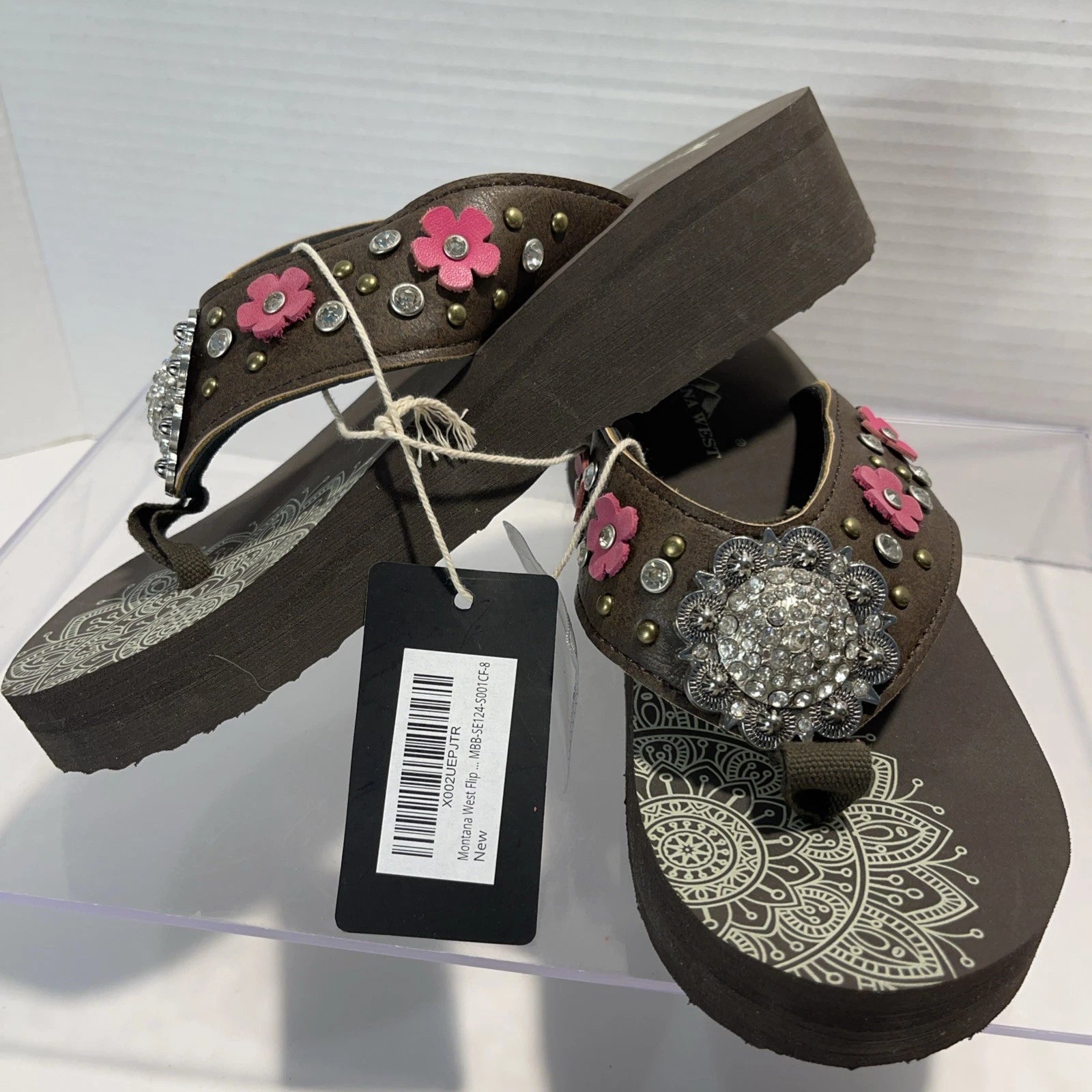 Montana West Flower CutOut Rhinestones/Studs Western Style Wedge Sandals Sz8-8.5