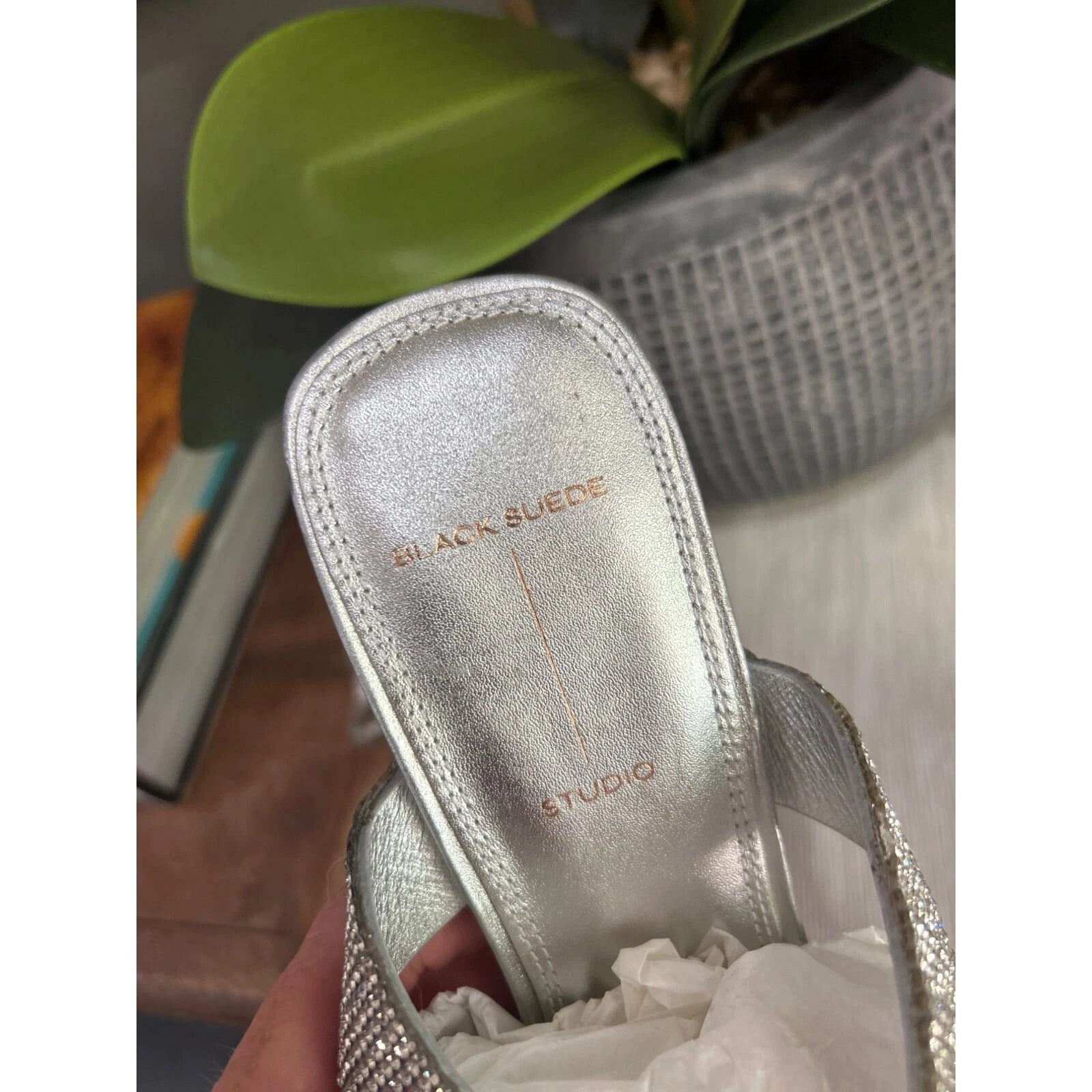 Black Suede Studio Cali SILVER Glitter Slide Sandal Womens Size 38.5