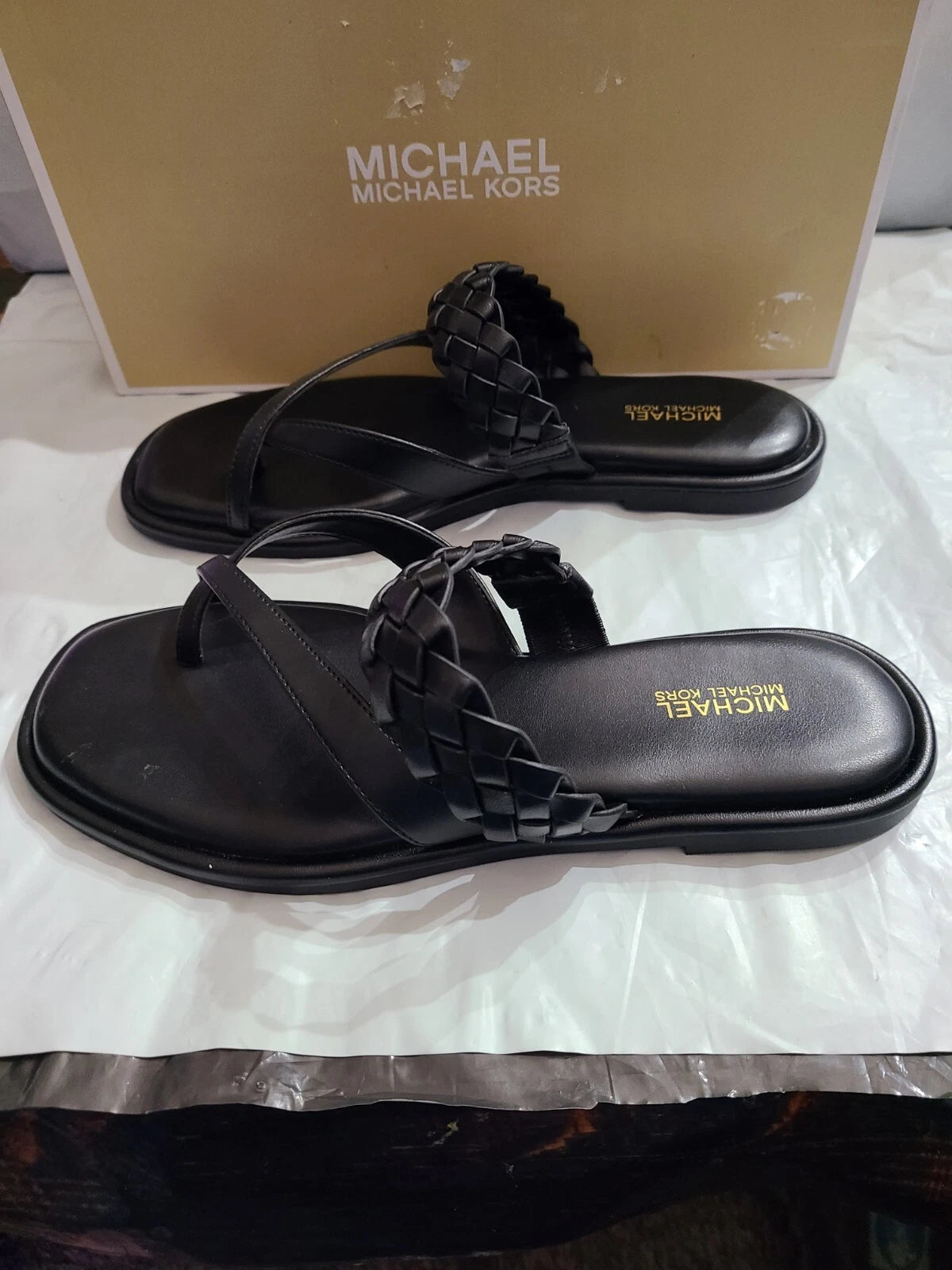 Michael Kors Alba Braided Thong Slide, Faux Leather, Black, Women's 7M, NEW