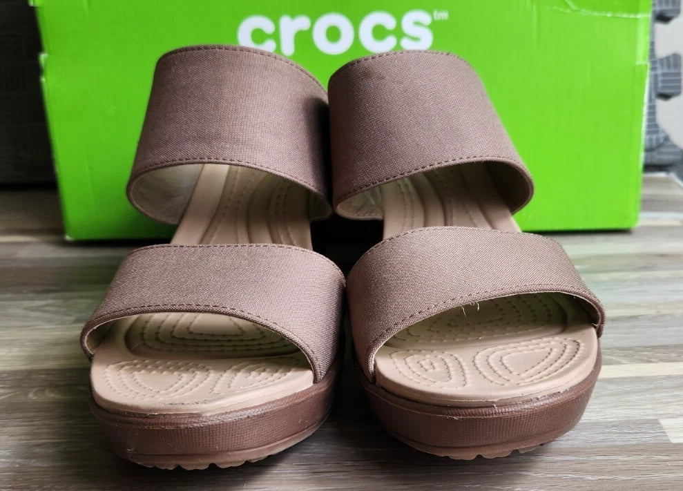 Crocs Leigh 2 Strap Wedge Sandals 11w Bronze Dual Comfort Women's Fashion Shoes