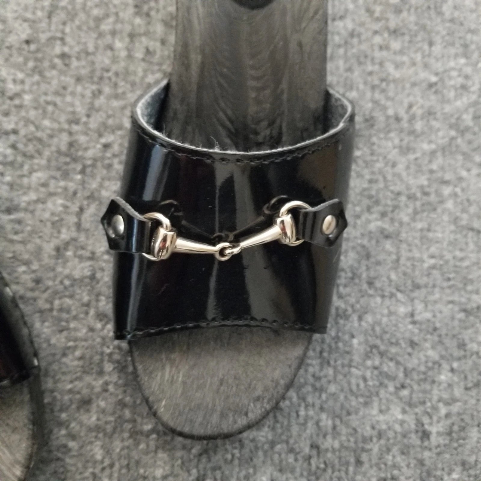 Made in Italy Women Clogs Size US 6M Black Open Toe Wooden Look w Silver Buckle*