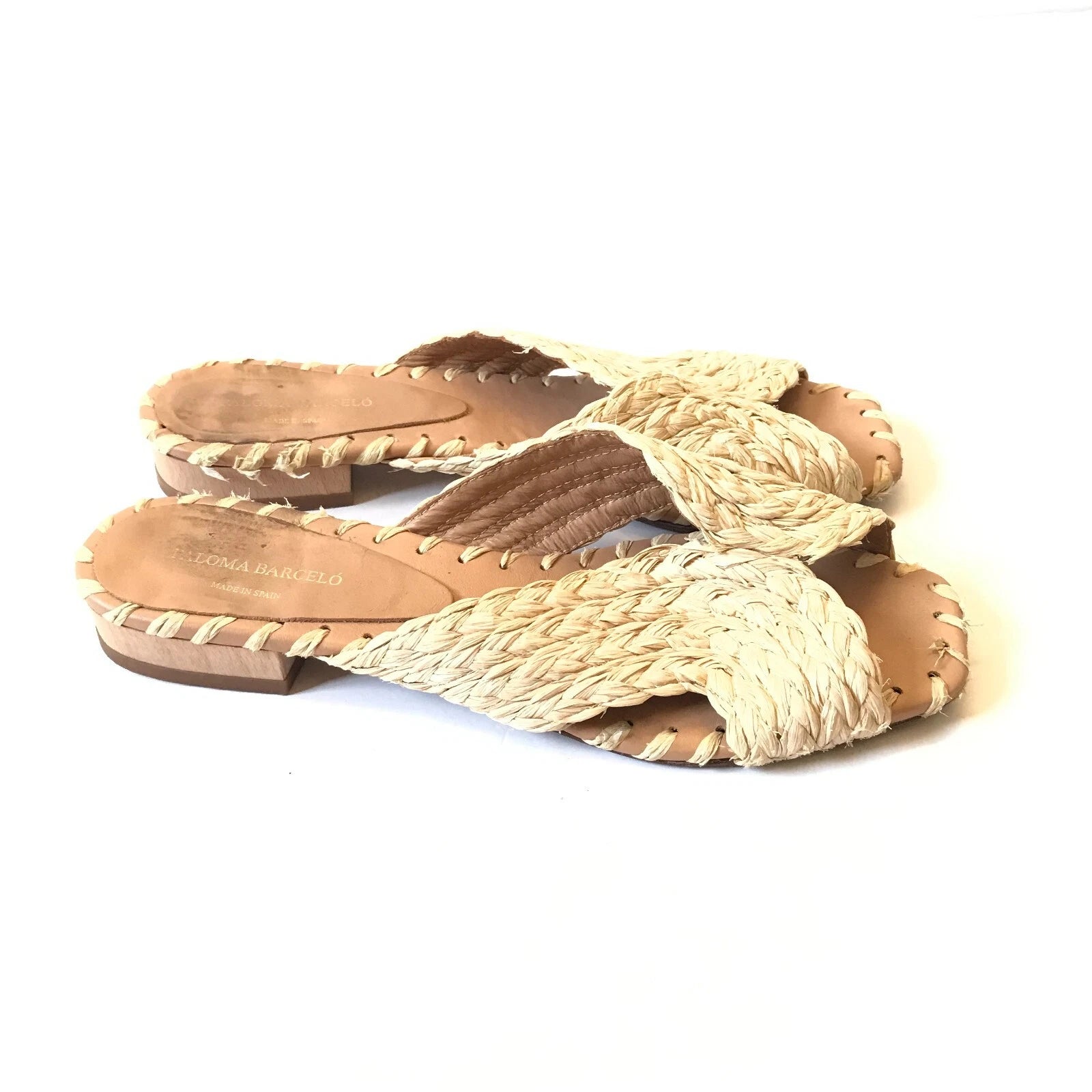 Paloma Barcelo Raffia Sandals Slide Womens 39 9 Natural Open Toe Slip On Leather