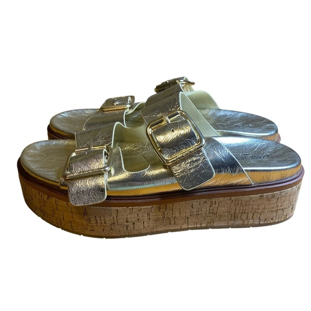 J/Slides Belinda Double Buckle Platform Gold Slide Sandals Women’s Size 10