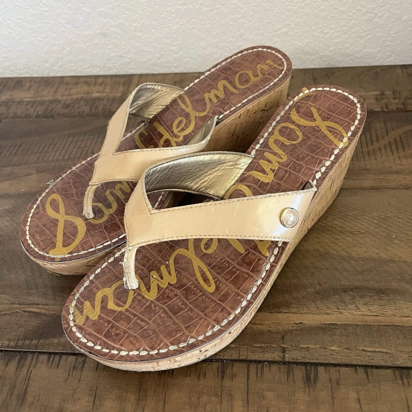 Sam Edelman Women's Romy Sandal Size 7.5 M Cork Wedge Platform Tan Thong Slide