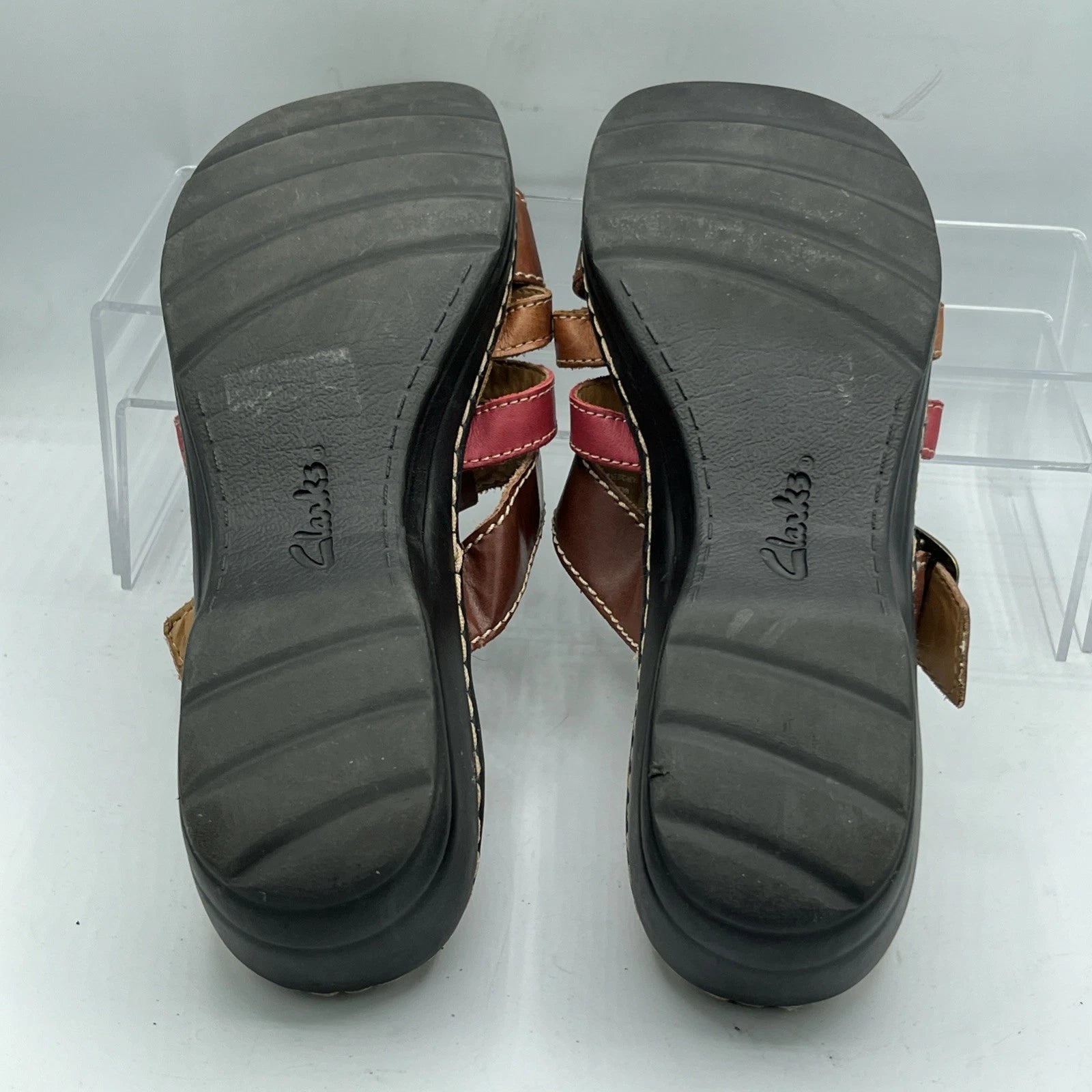 Clarks Leather Strappy Buckle Sandals Brown Red Women’s 11 Comfort Boho Style
