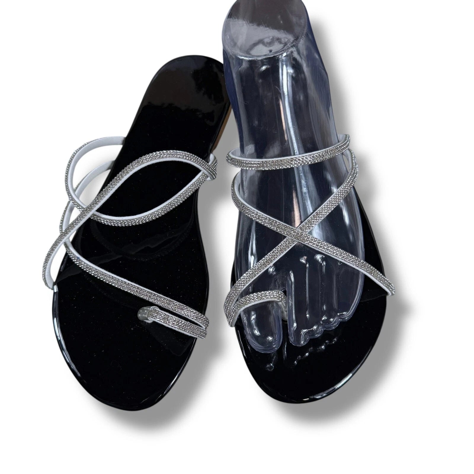 Boutique Rhinestone Sandals Women's Thong Strap Diamante Flat Sandal Slides Sz 9