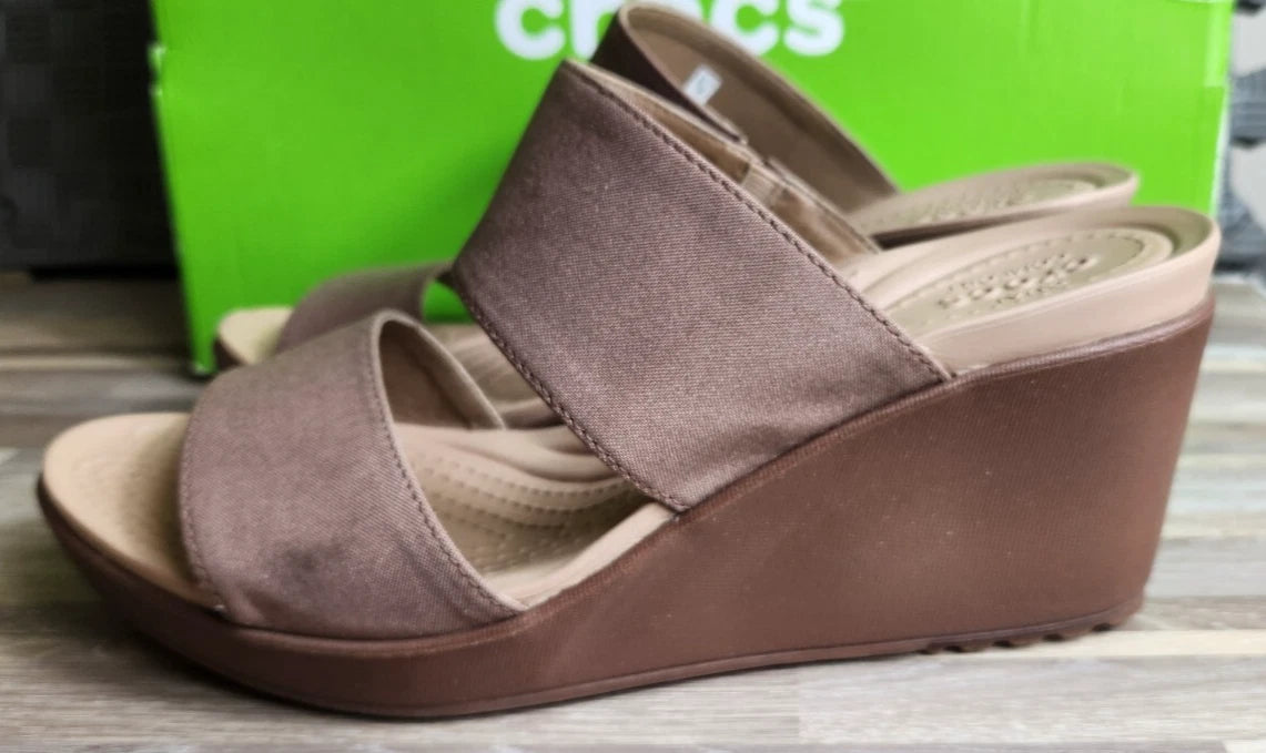 Crocs Leigh 2 Strap Wedge Sandals 11w Bronze Dual Comfort Women's Fashion Shoes