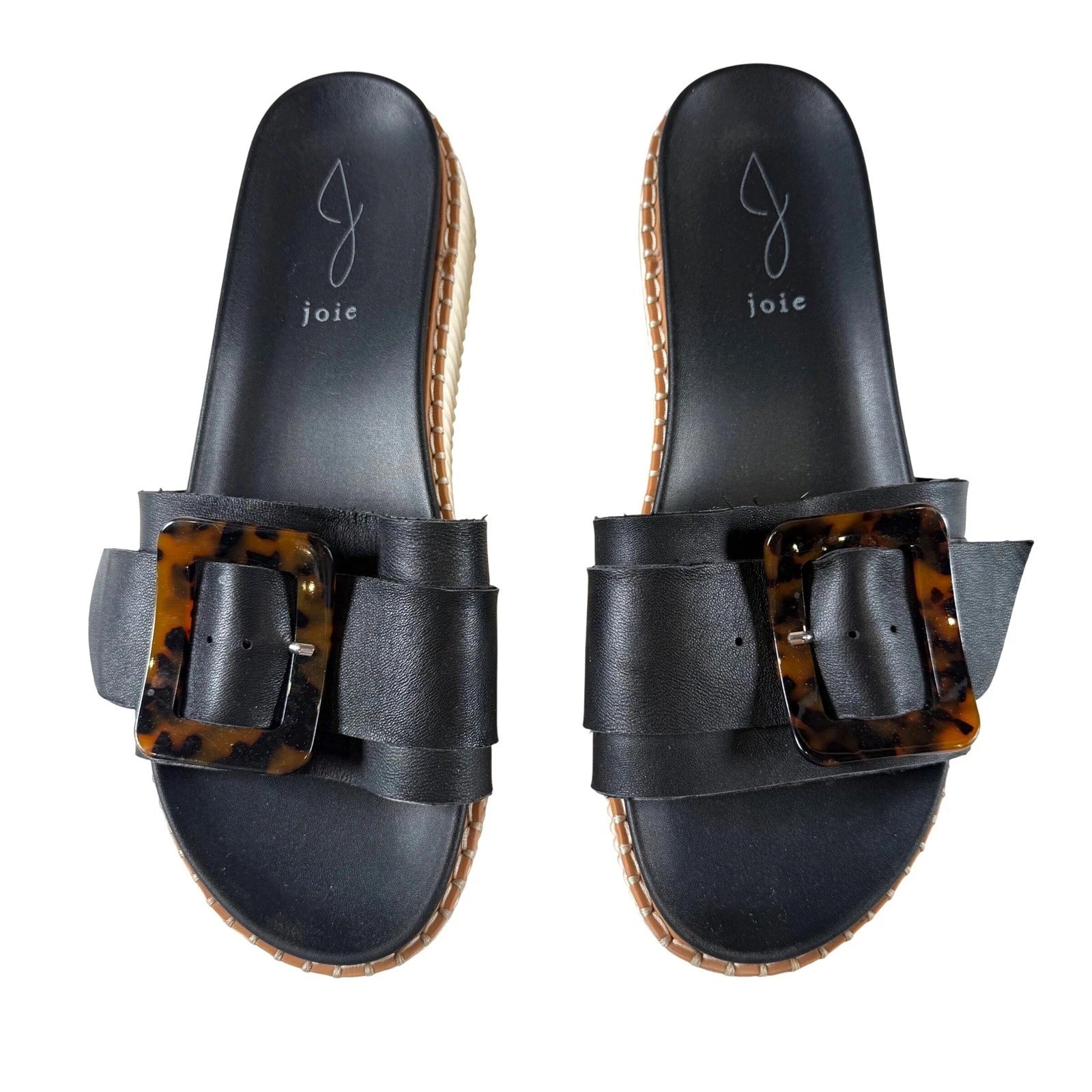 Joie Lyla Black Leather Platform Slides Sandals with Tortoise Big Buckle 9.5